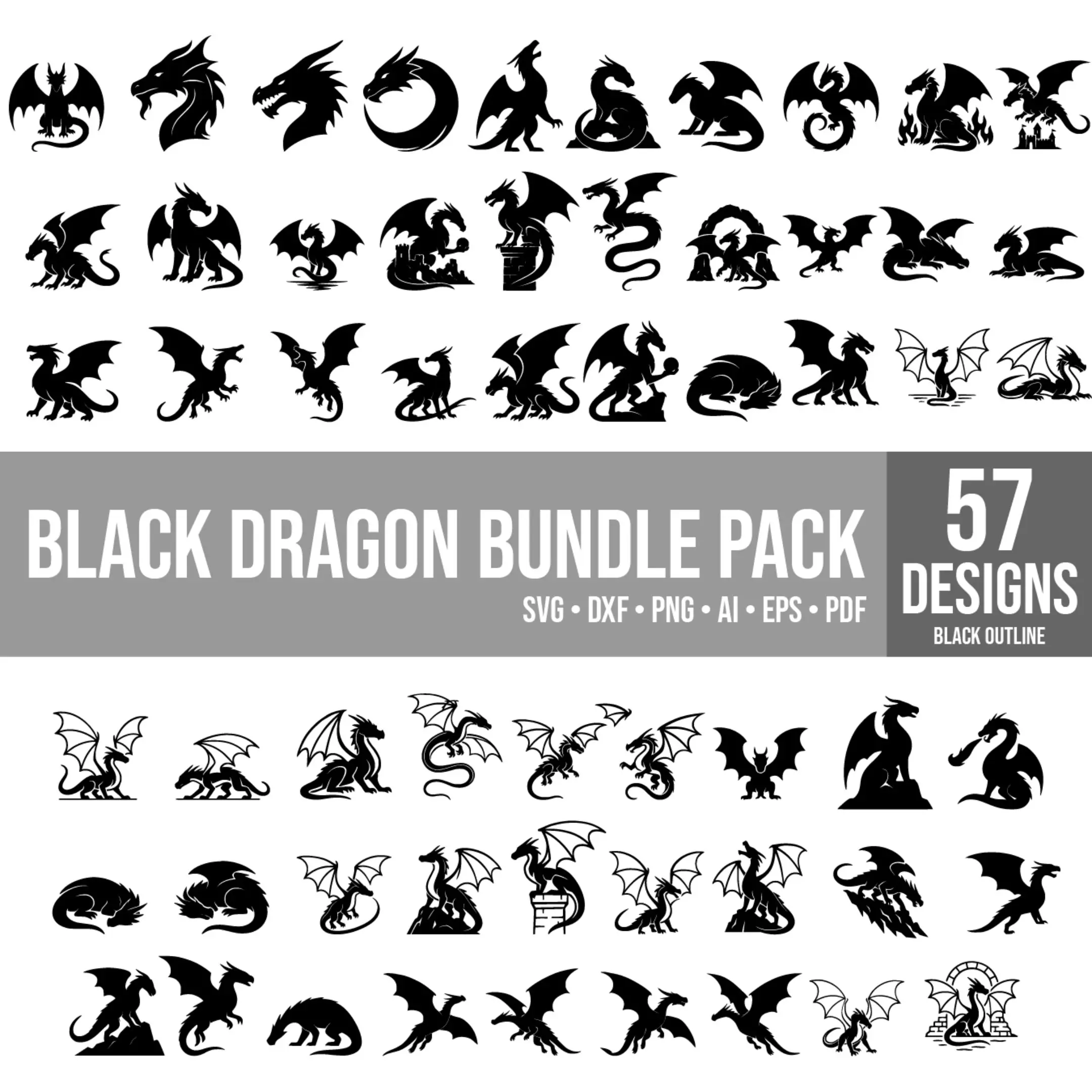 Black outline cartoon dragons – vector preview of the full contour illustration set