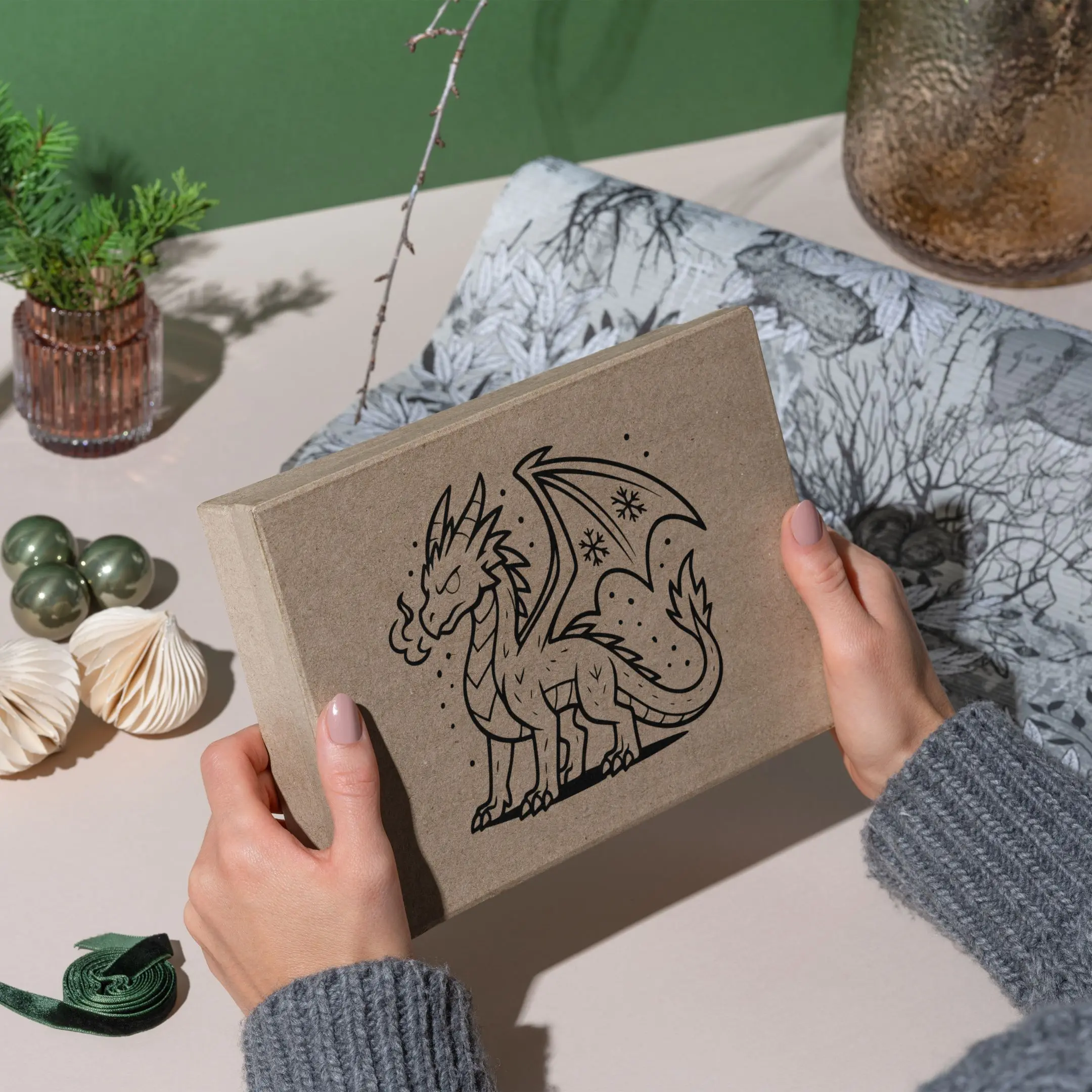 Black and white dragon vector on a box mockup