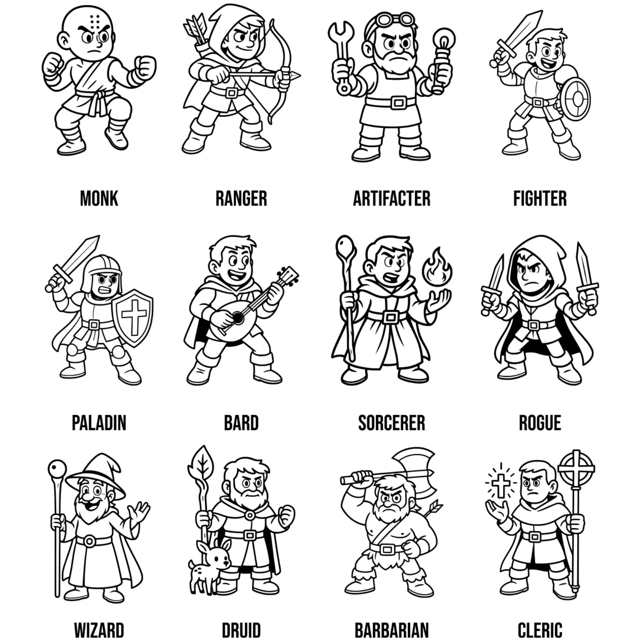 Full set of D&D character classes in black outline on white background – cartoon vector line art