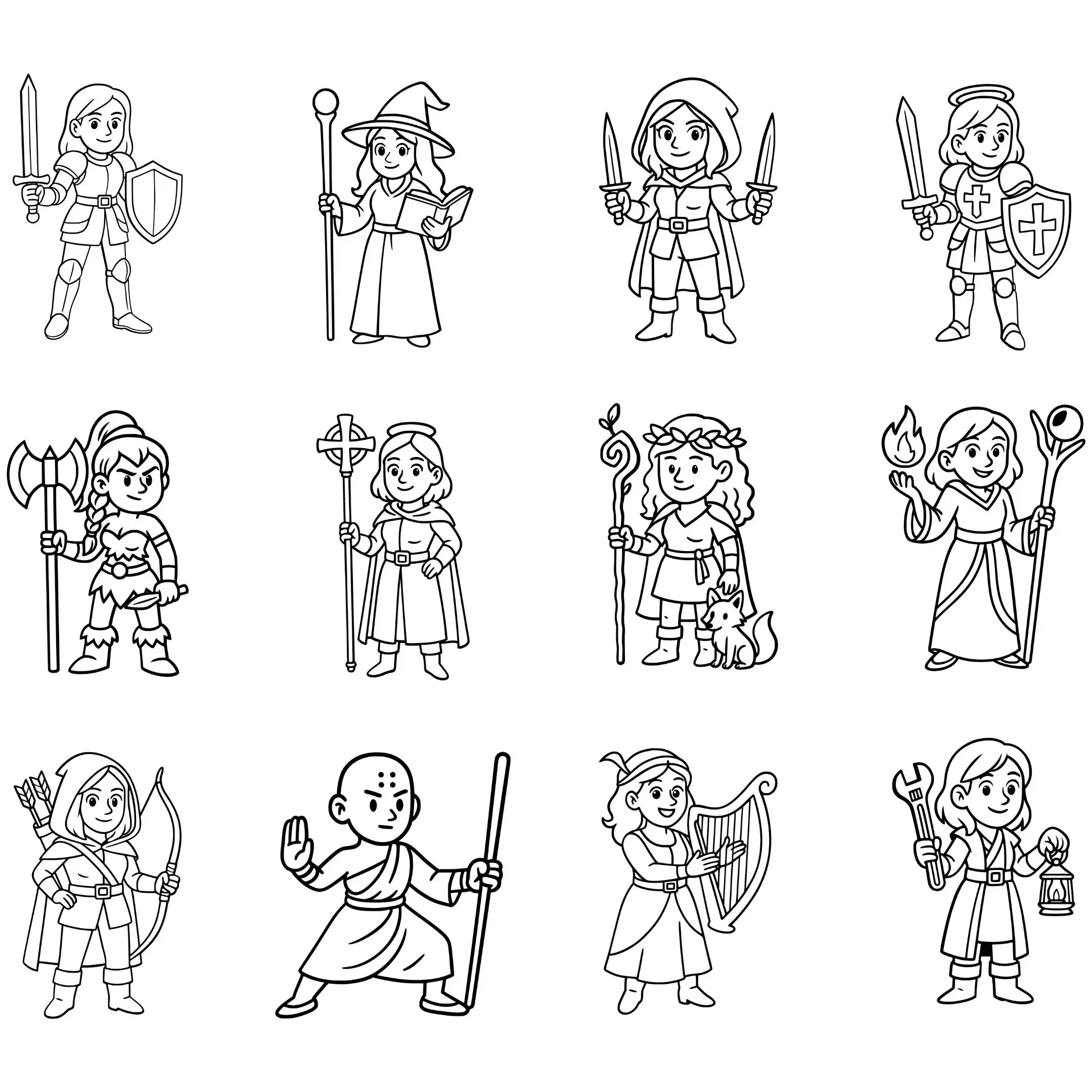 Black outline vector of female D&D character classes on white background – cartoon fantasy line art