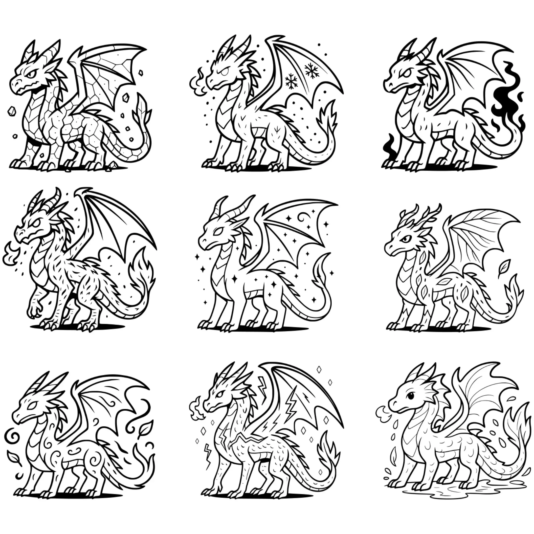 Vector illustration featuring 9 unique fantasy dragons – complete dragon set preview