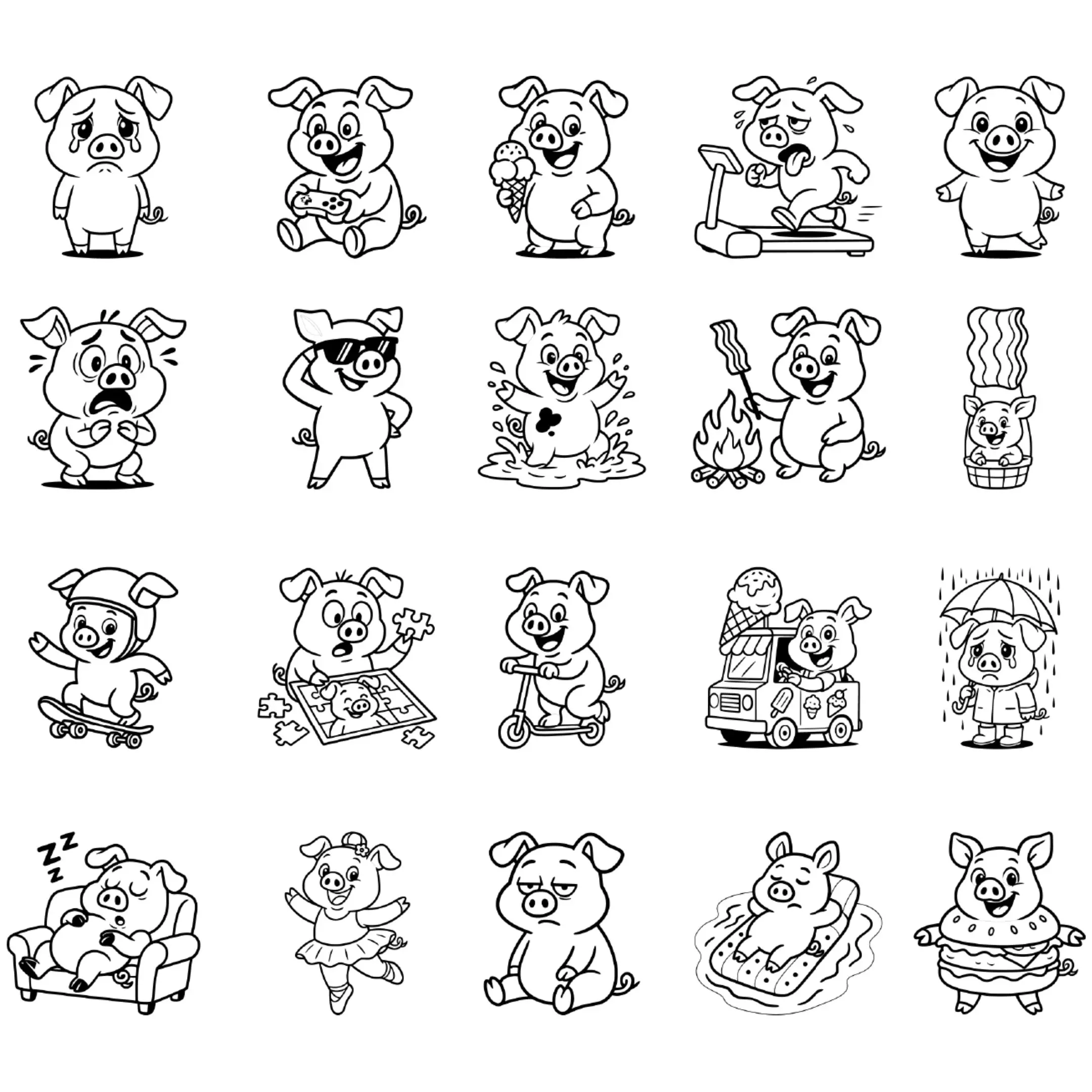 Preview of all pig illustrations included in the colorful vector bundle