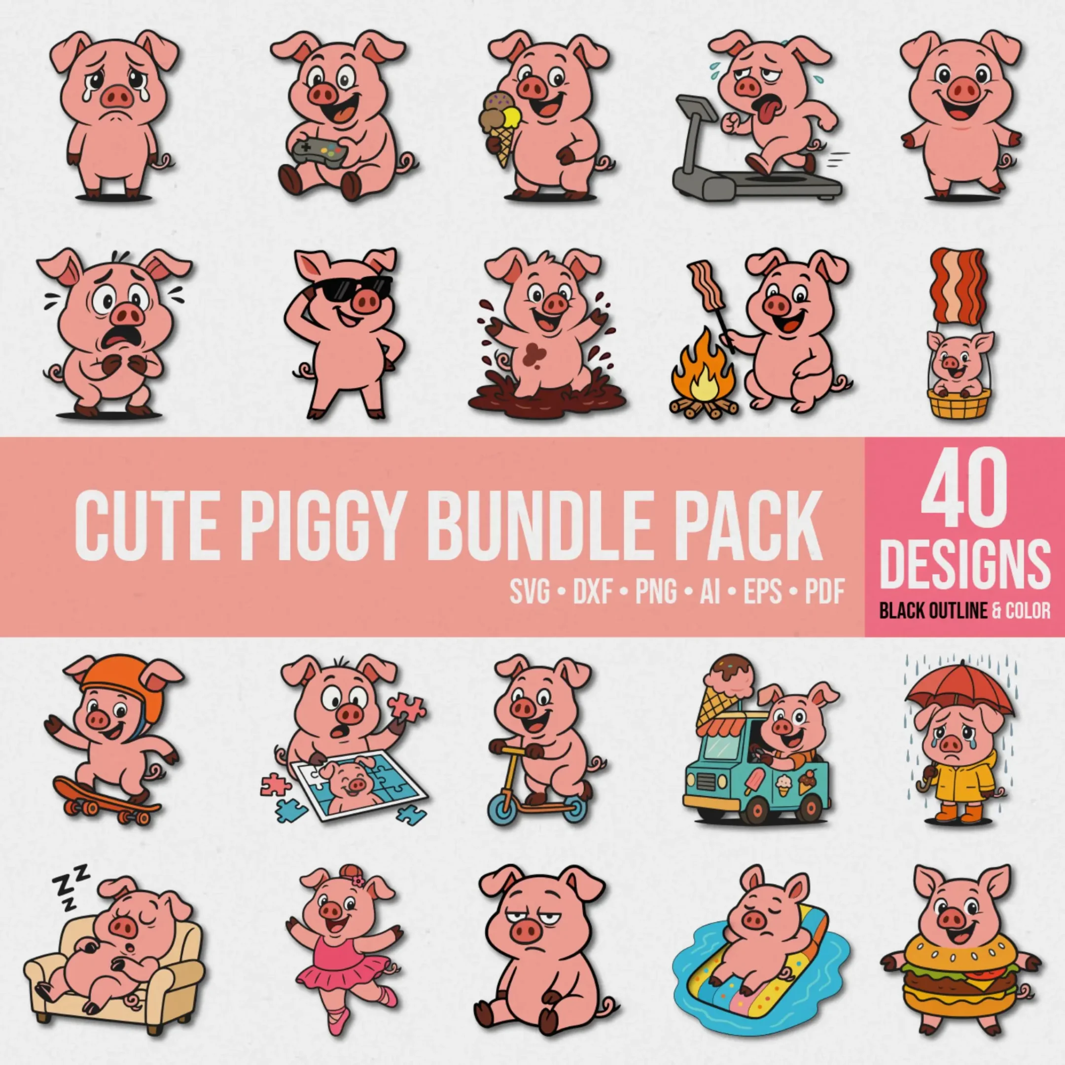 Colorful vector pig illustrations – cute cartoon animal clipart