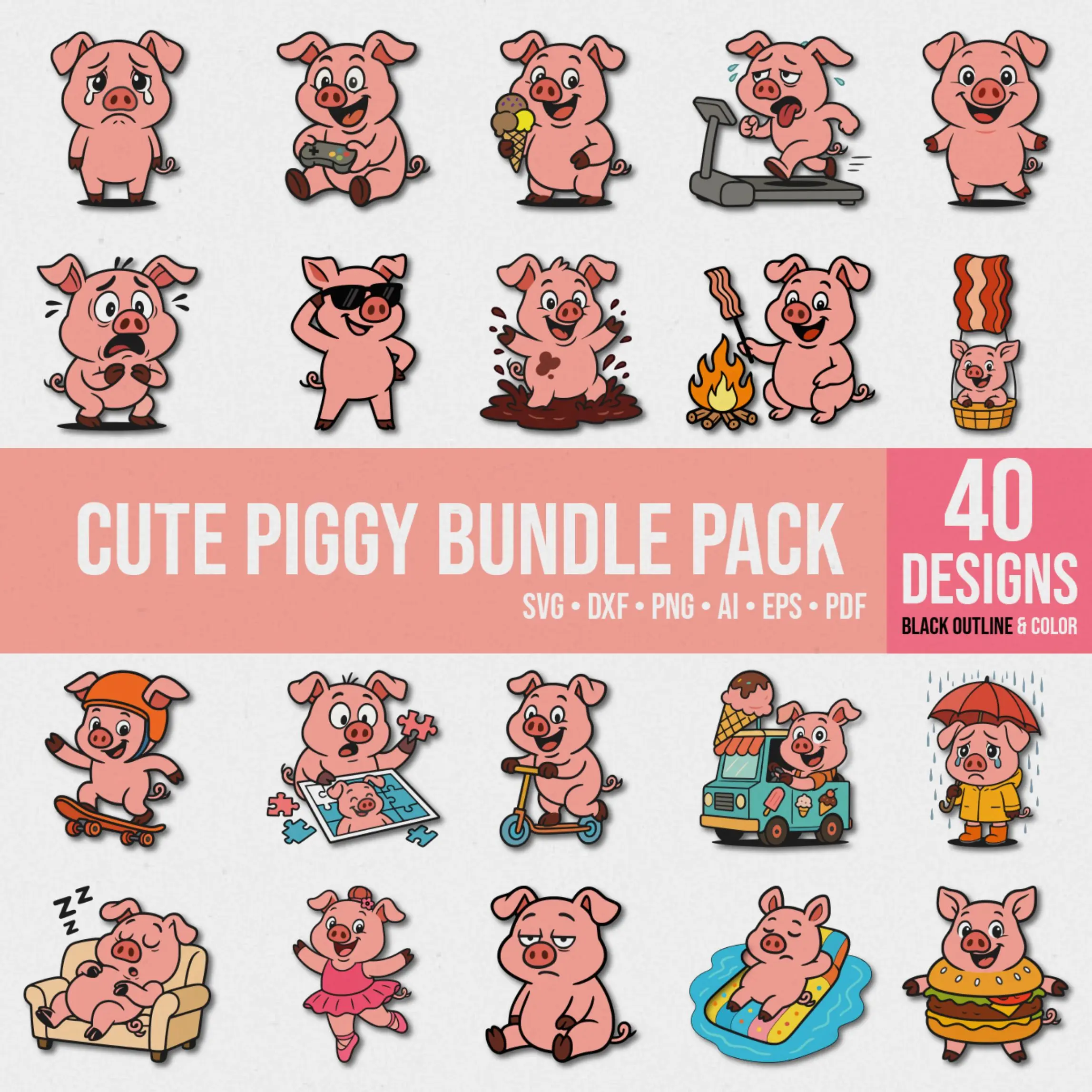 Colorful vector pig illustrations – cute cartoon animal clipart