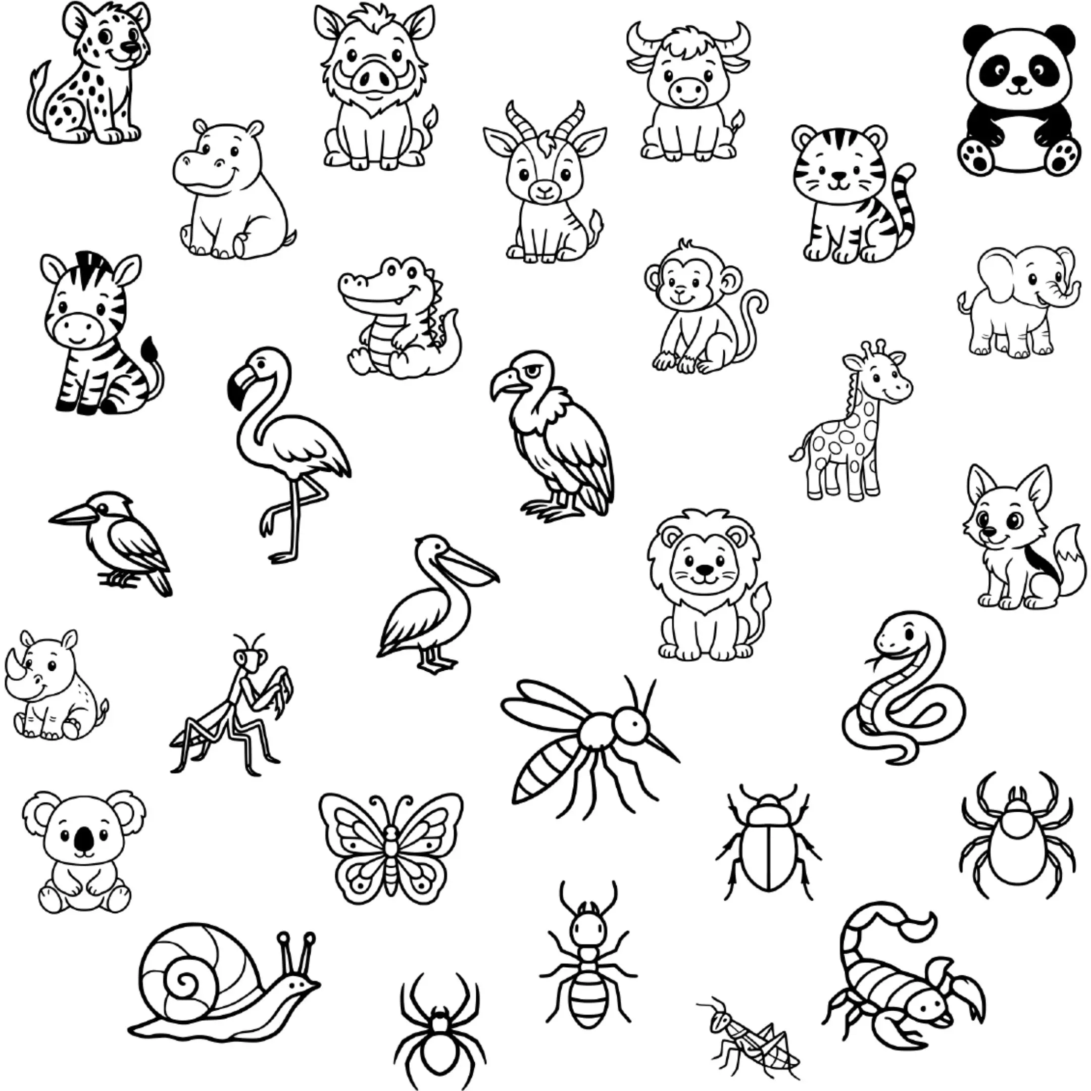 Full set of black and white safari animals – cartoon outline vector illustration