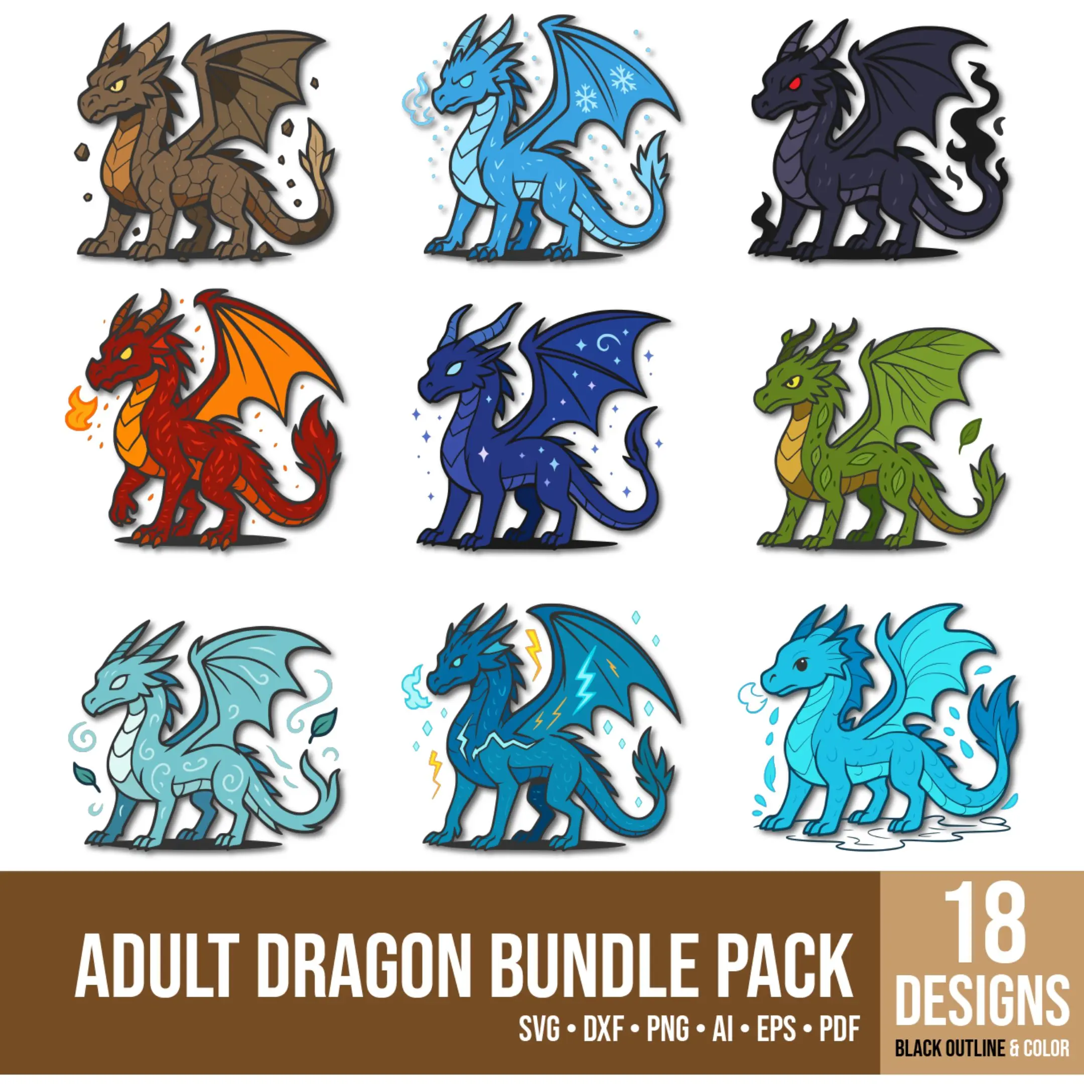 Vector illustration of adult dragons – fantasy creature pack