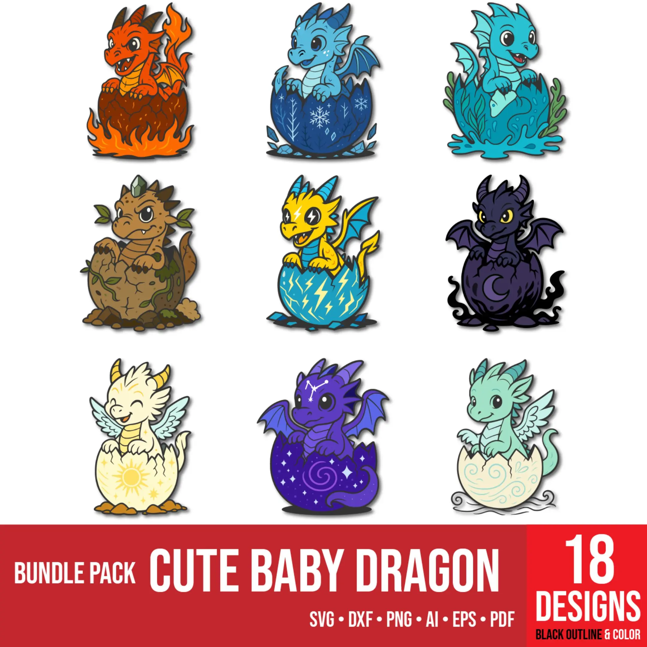 Cute Baby Dragon Vector Bundle hatching from eggs – colorful vector preview of full set