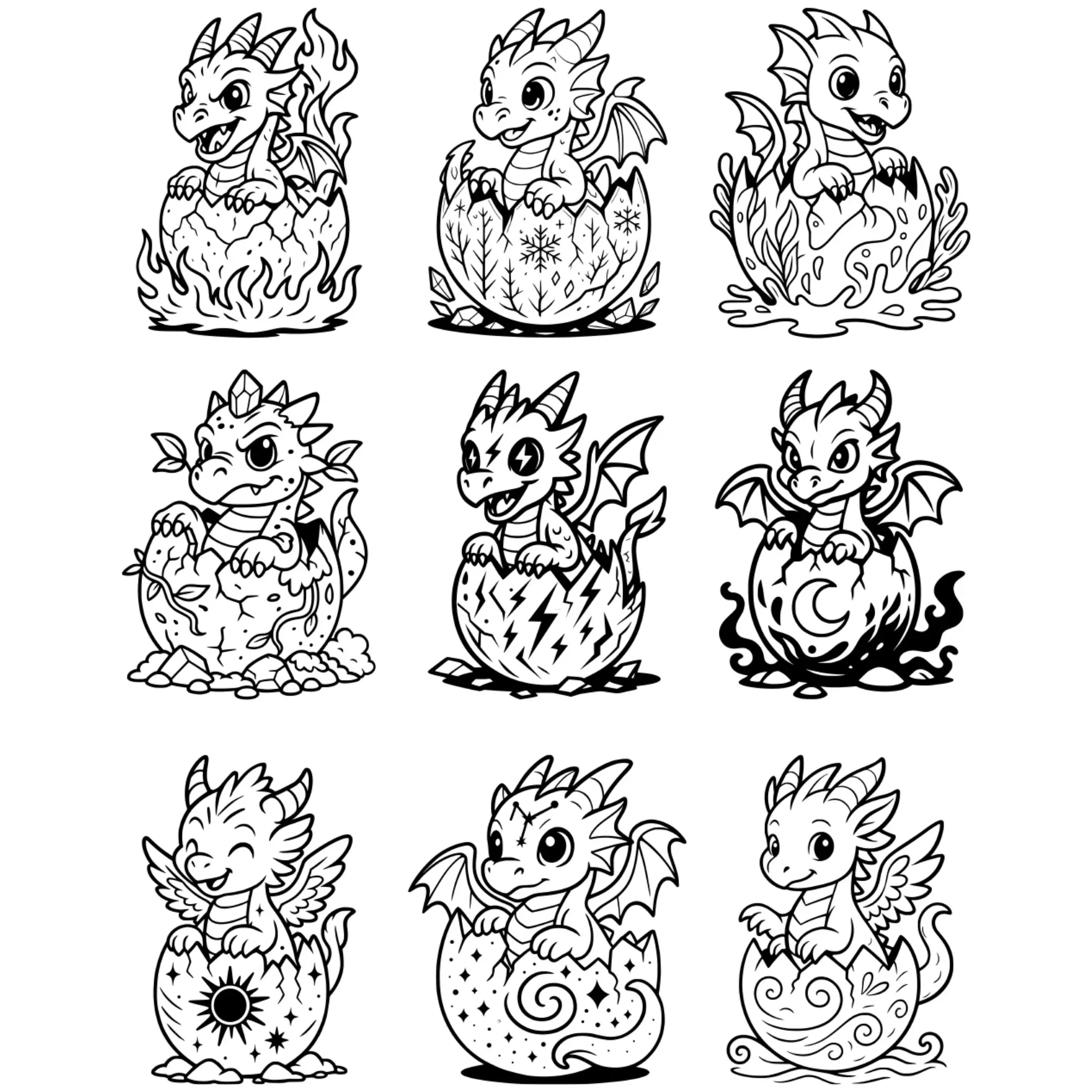 Full set of black and white cartoon baby dragons in eggs – vector line art illustration