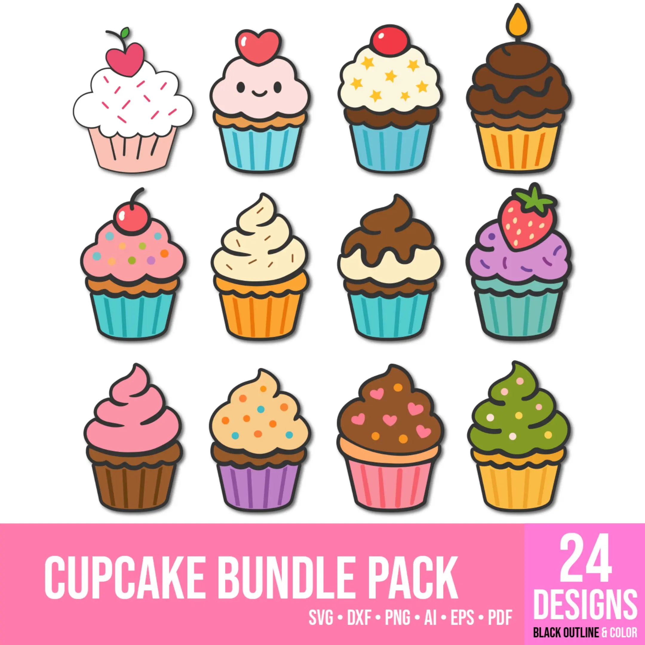 Colorful cartoon cupcakes – vector preview of full clipart bundle