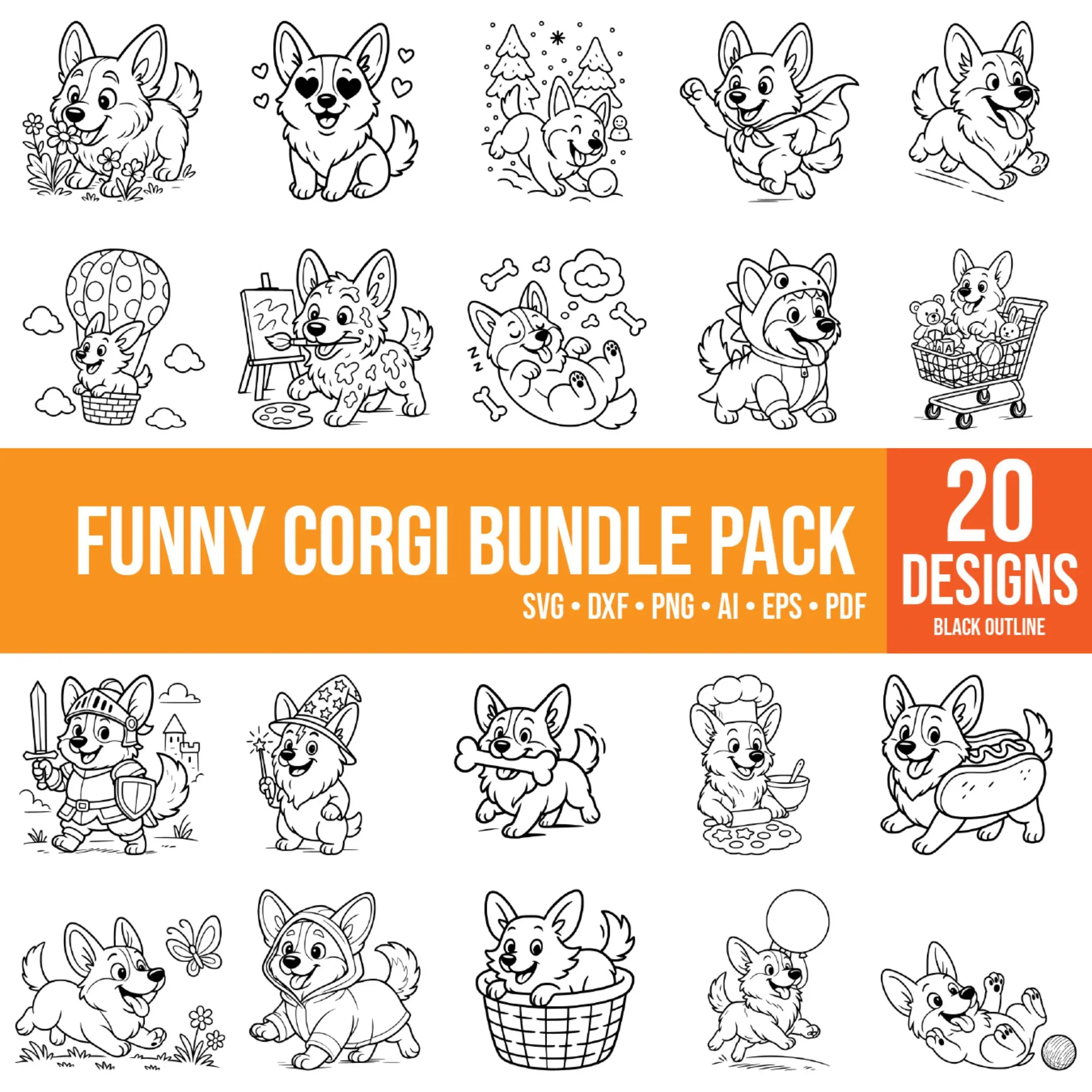 Black outline cartoon corgis in funny situations – vector preview of full set