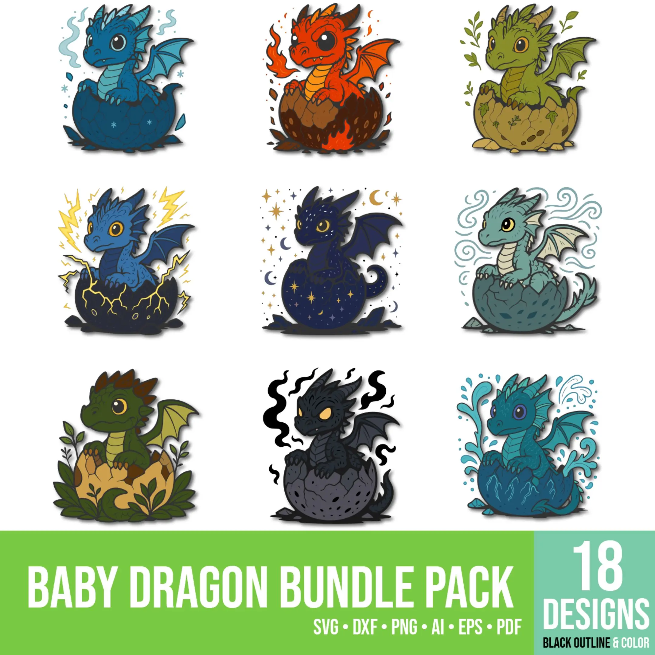 Mini preview of small colorful baby dragons – cartoon vector illustration bundle