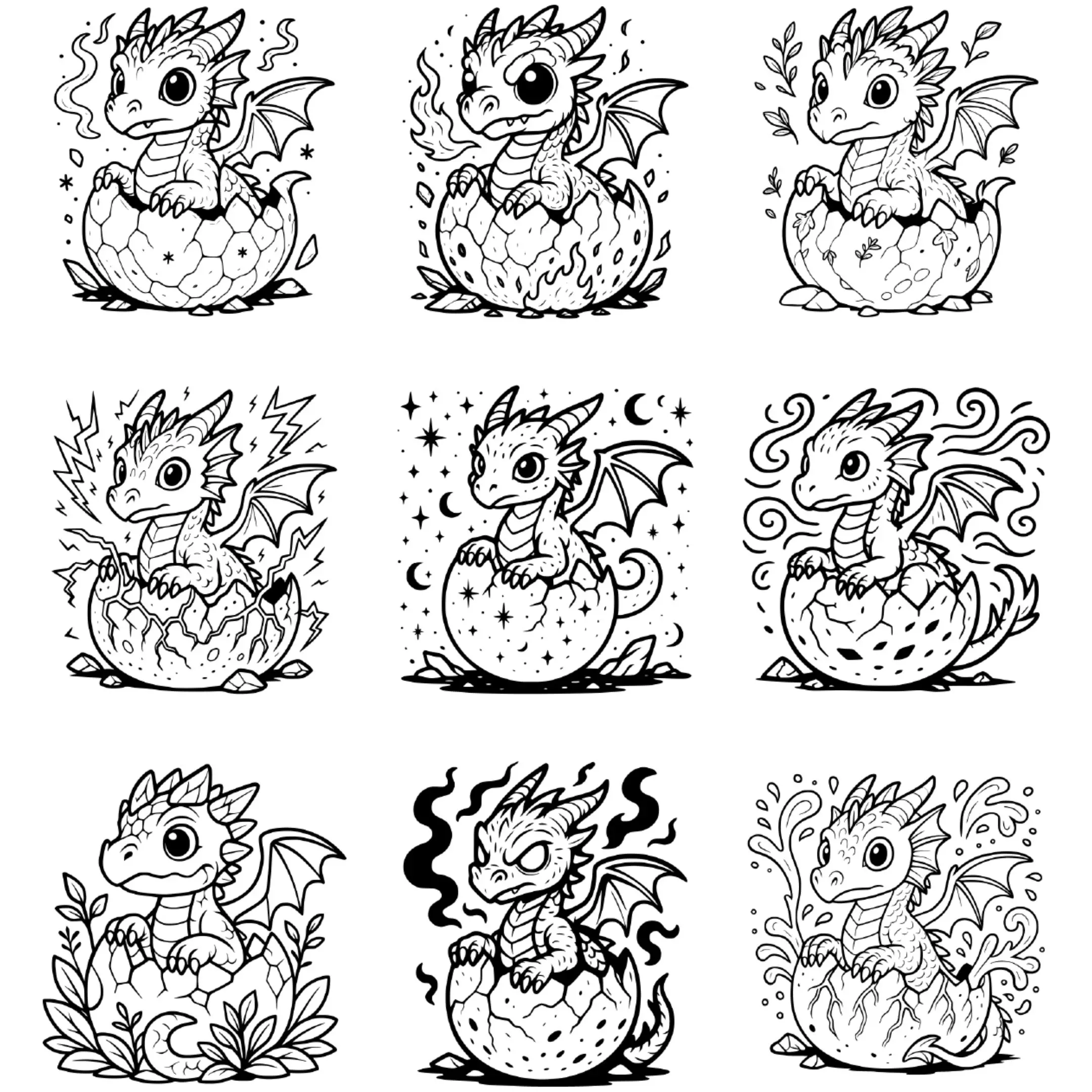 Full set of baby dragons in black outline – cartoon vector line art illustration