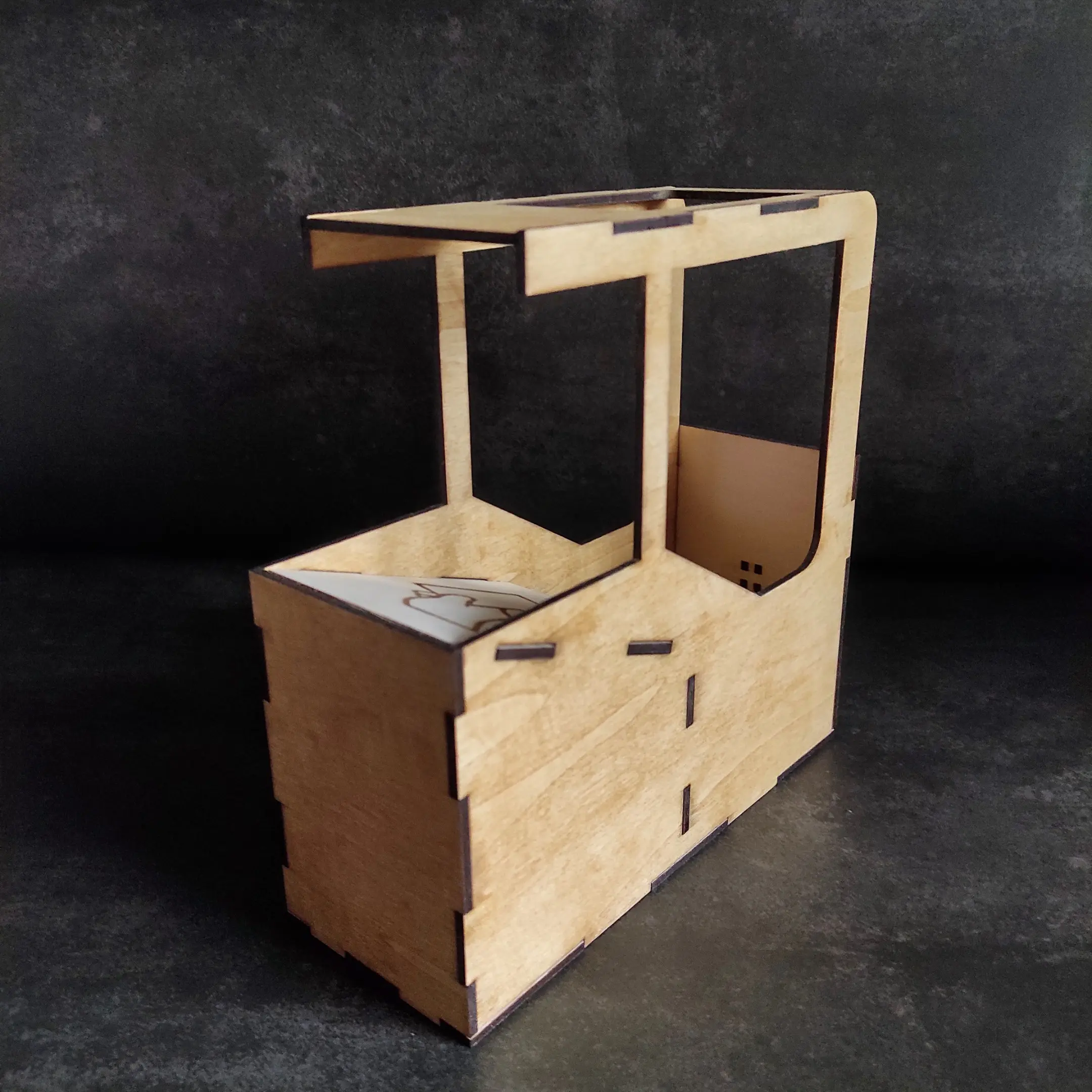 Back view of the laser cut card scanner assistant – assembled wooden model