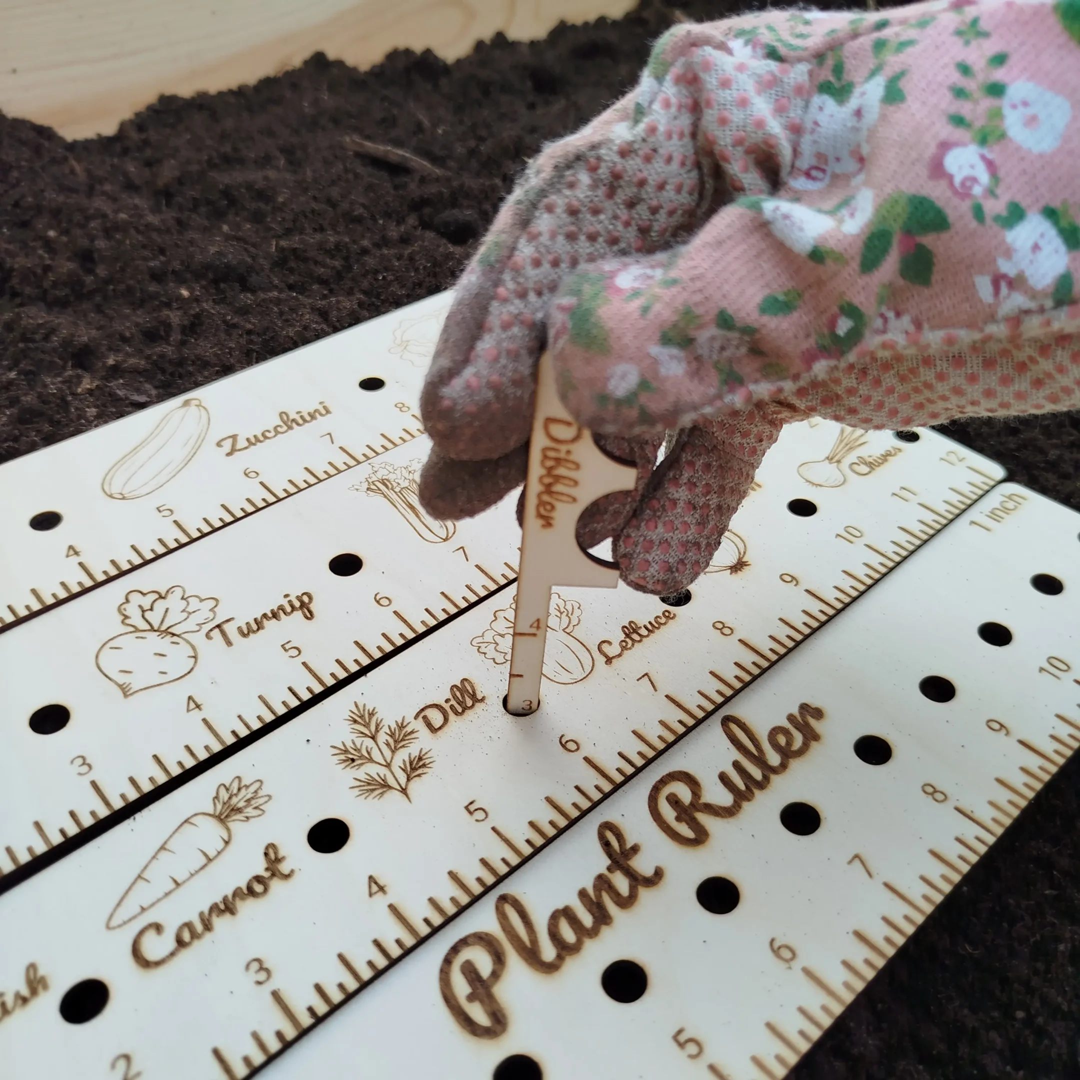 Gloved hand using a laser cut garden dibbler to make planting holes in soil