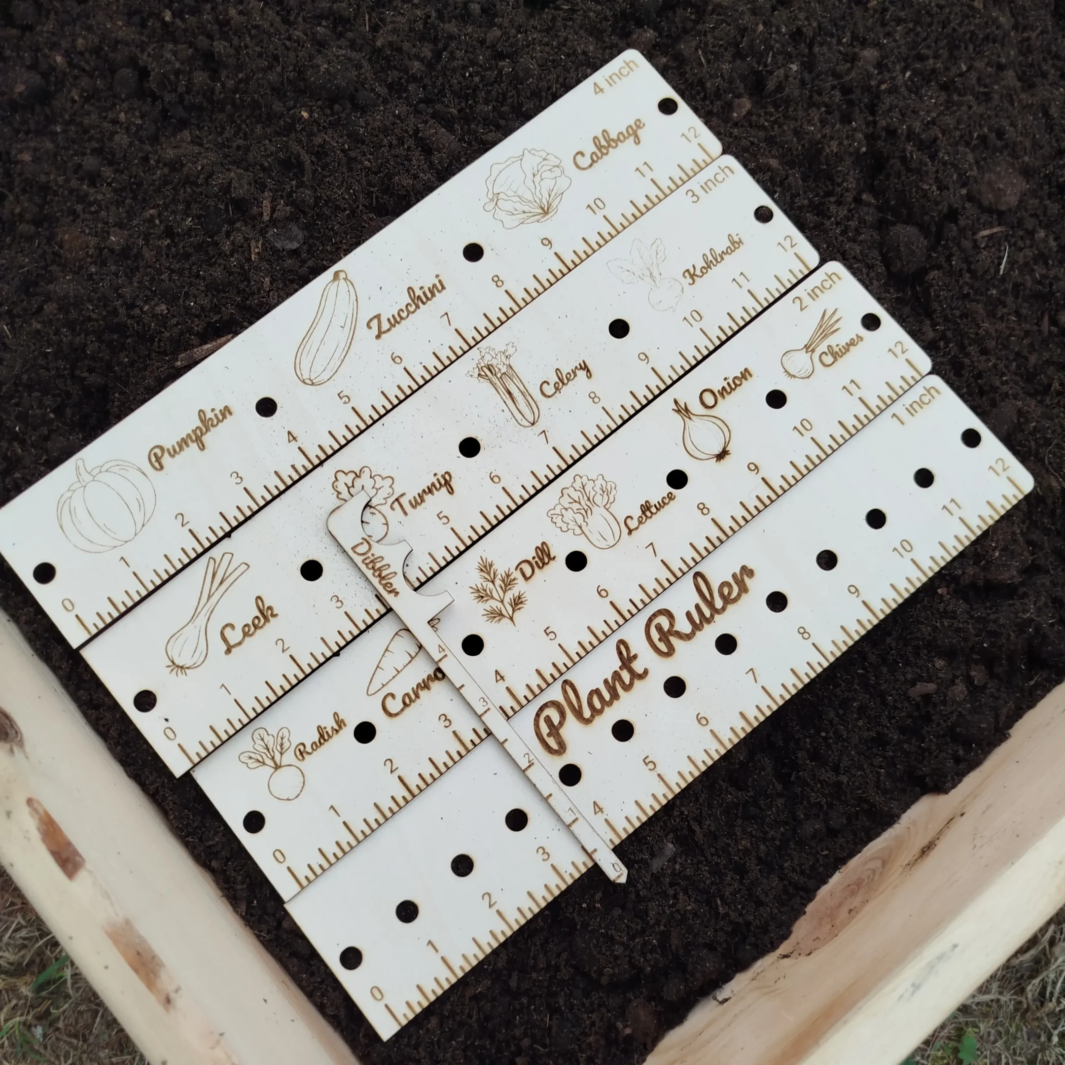 Thumbnail showing multiple laser cut garden planting rulers arranged on garden soil