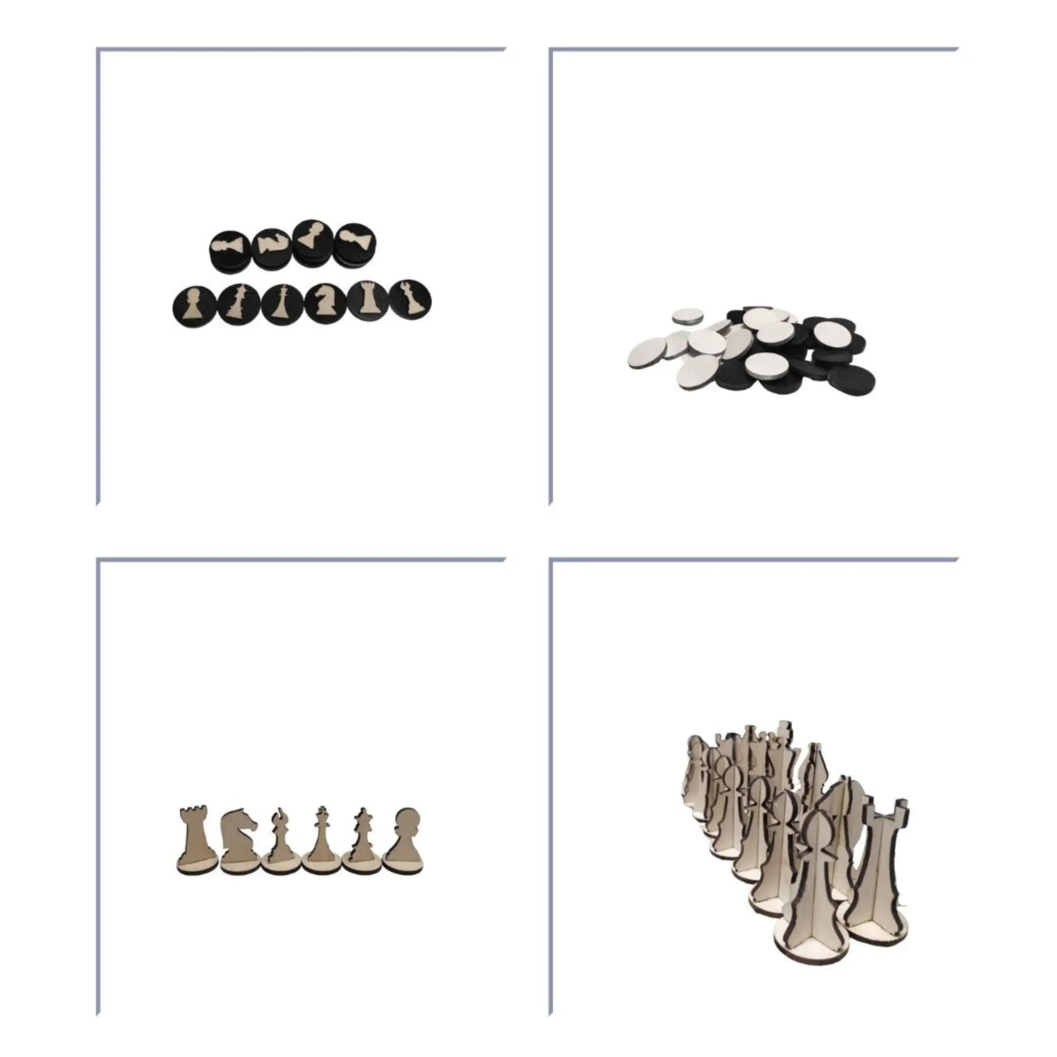 Comparison of four different styles of laser-cut game pieces for chess and checkers
