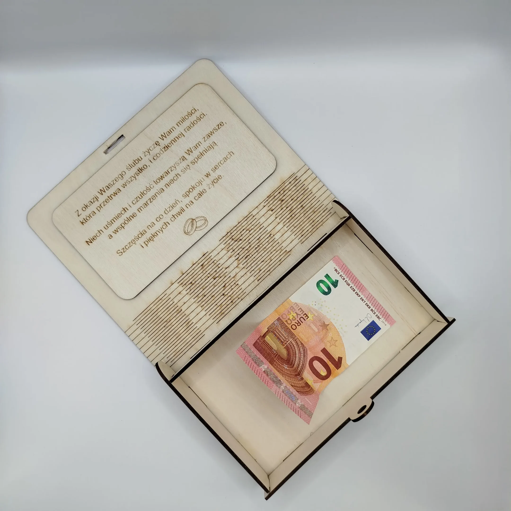 Open laser cut wedding cash box with money inside