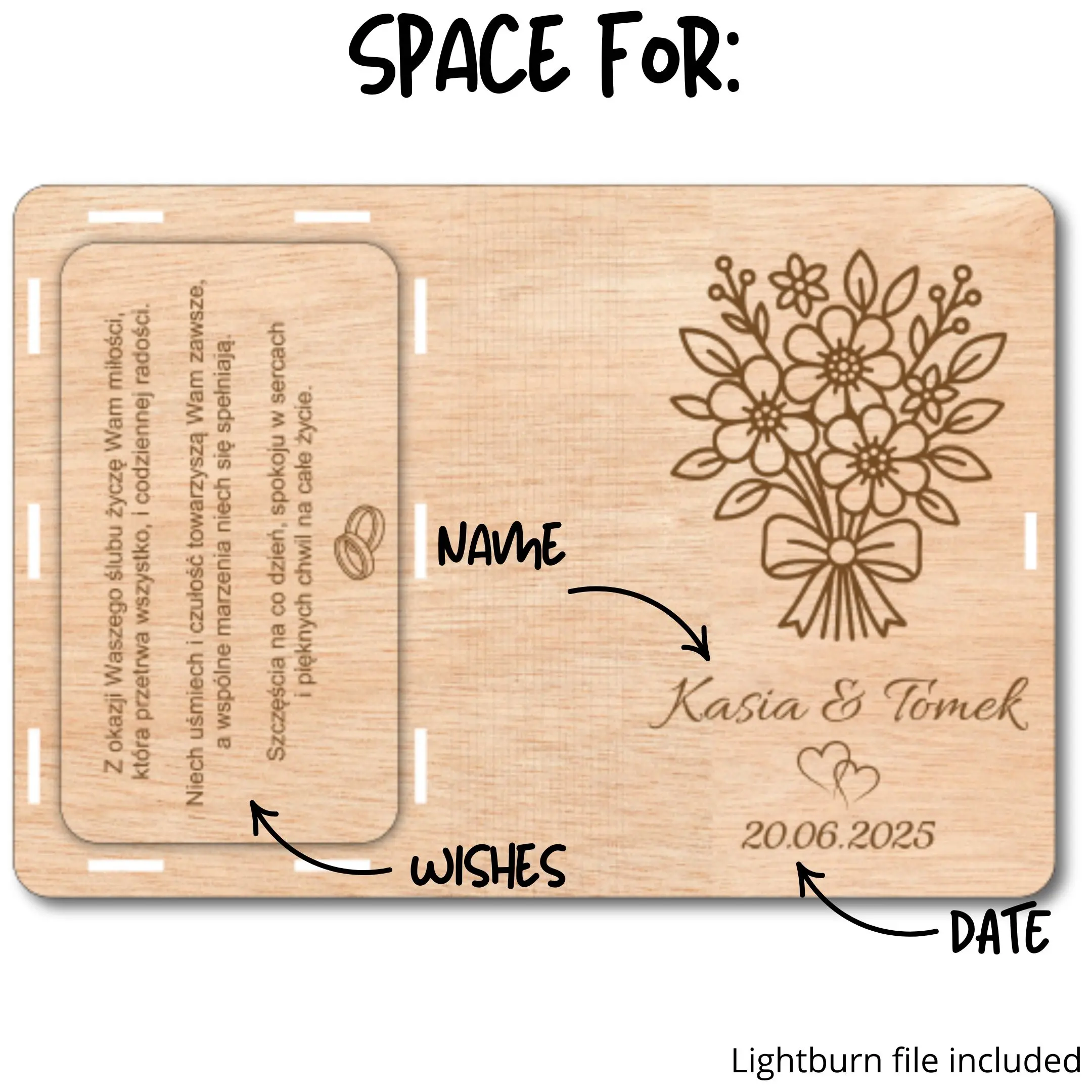 Instructions and personalization steps for laser cut wedding cash box