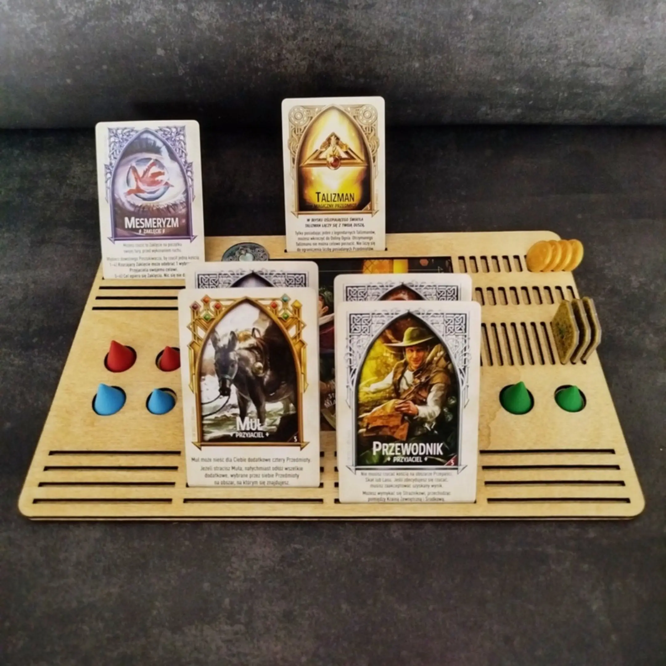 Laser cut Talisman 5th Edition player board with cards and tokens