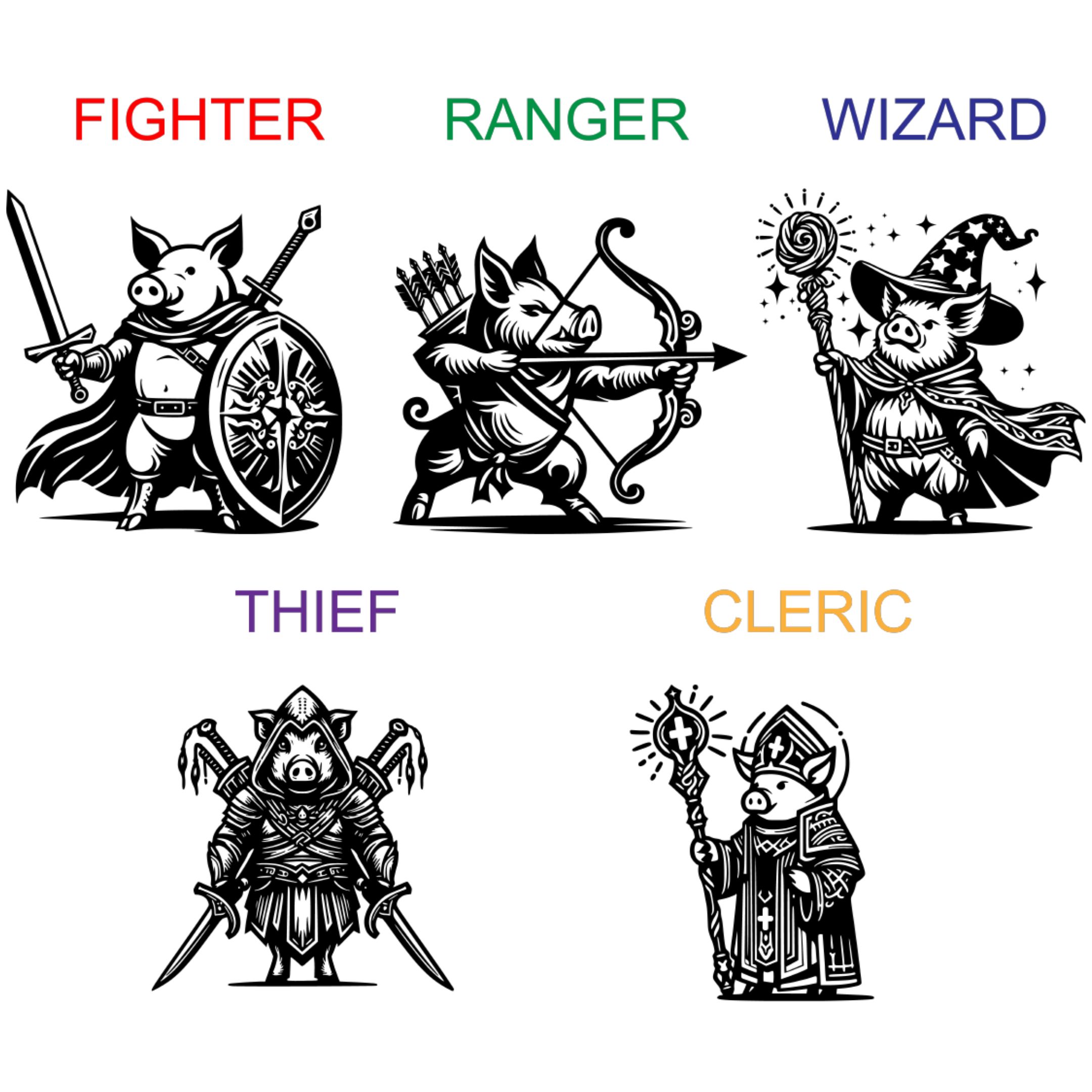 D&D Pork Class Vector set – all black outline pig characters