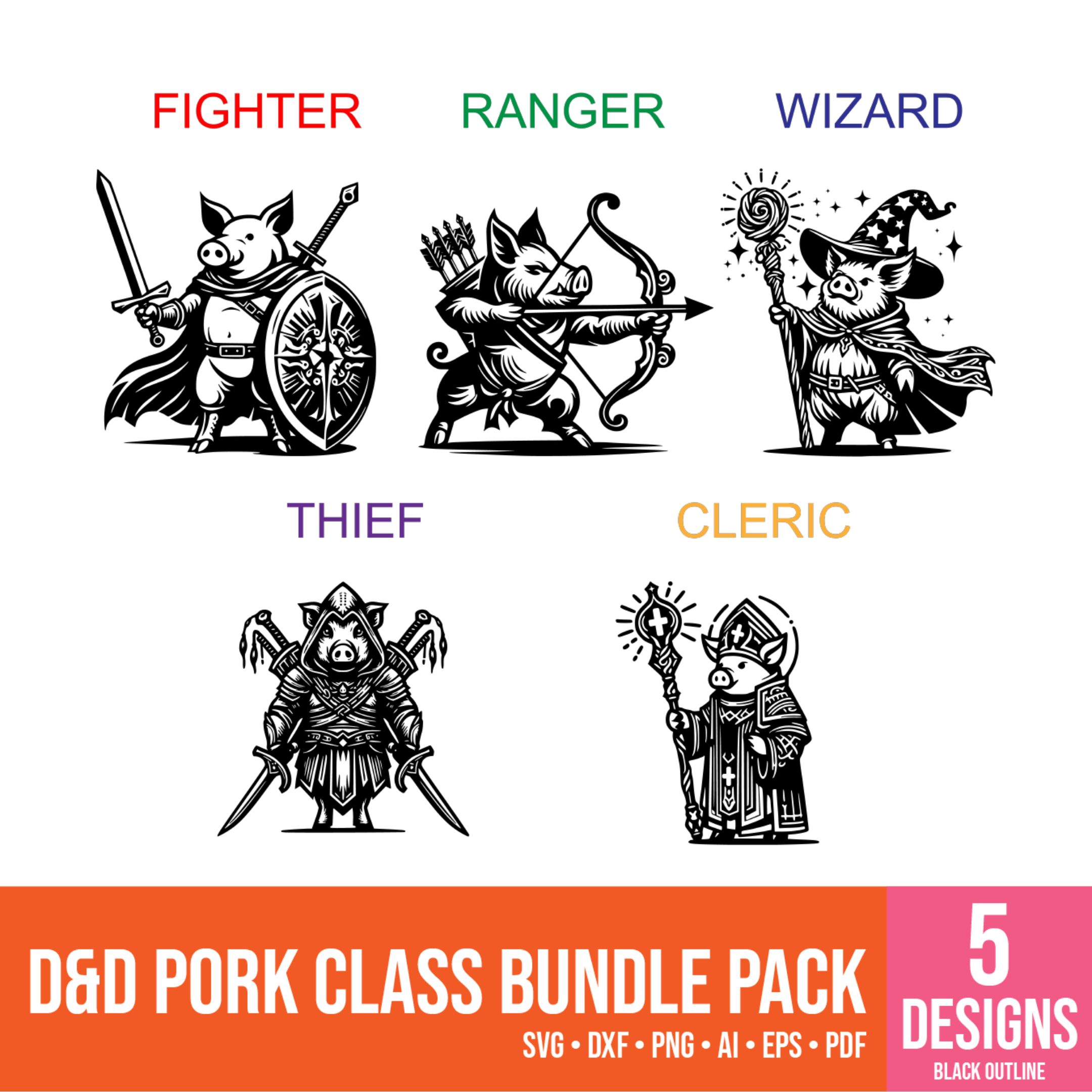 D&D Pork Class Vector black outline pig characters – thumbnail preview