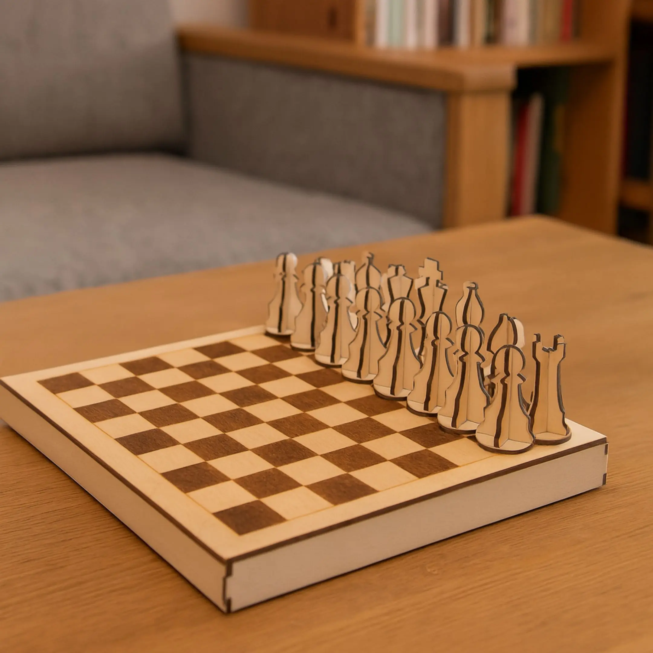 Laser cut wooden chess set with pieces arranged on a checkered board