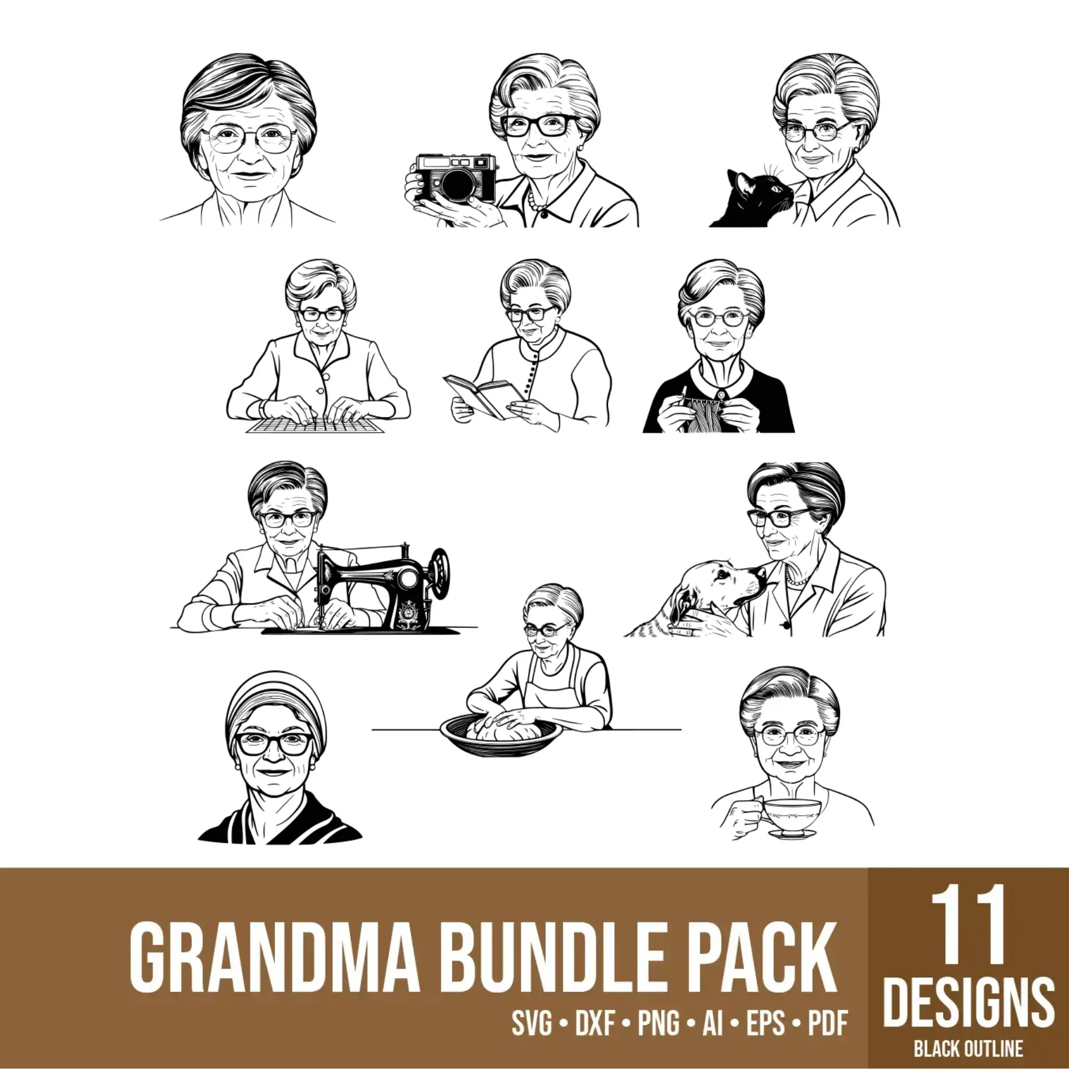 12 black outline grandmother vector illustrations – thumbnail preview