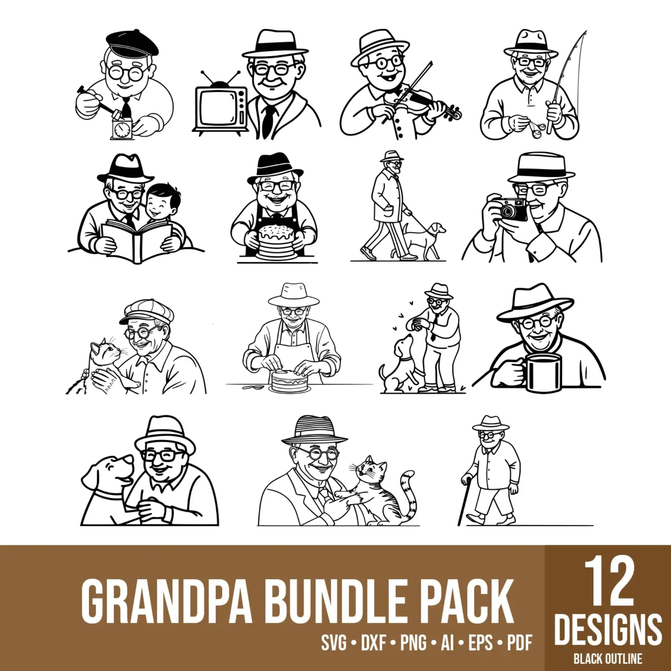 12 black outline grandfather vector illustrations – thumbnail preview
