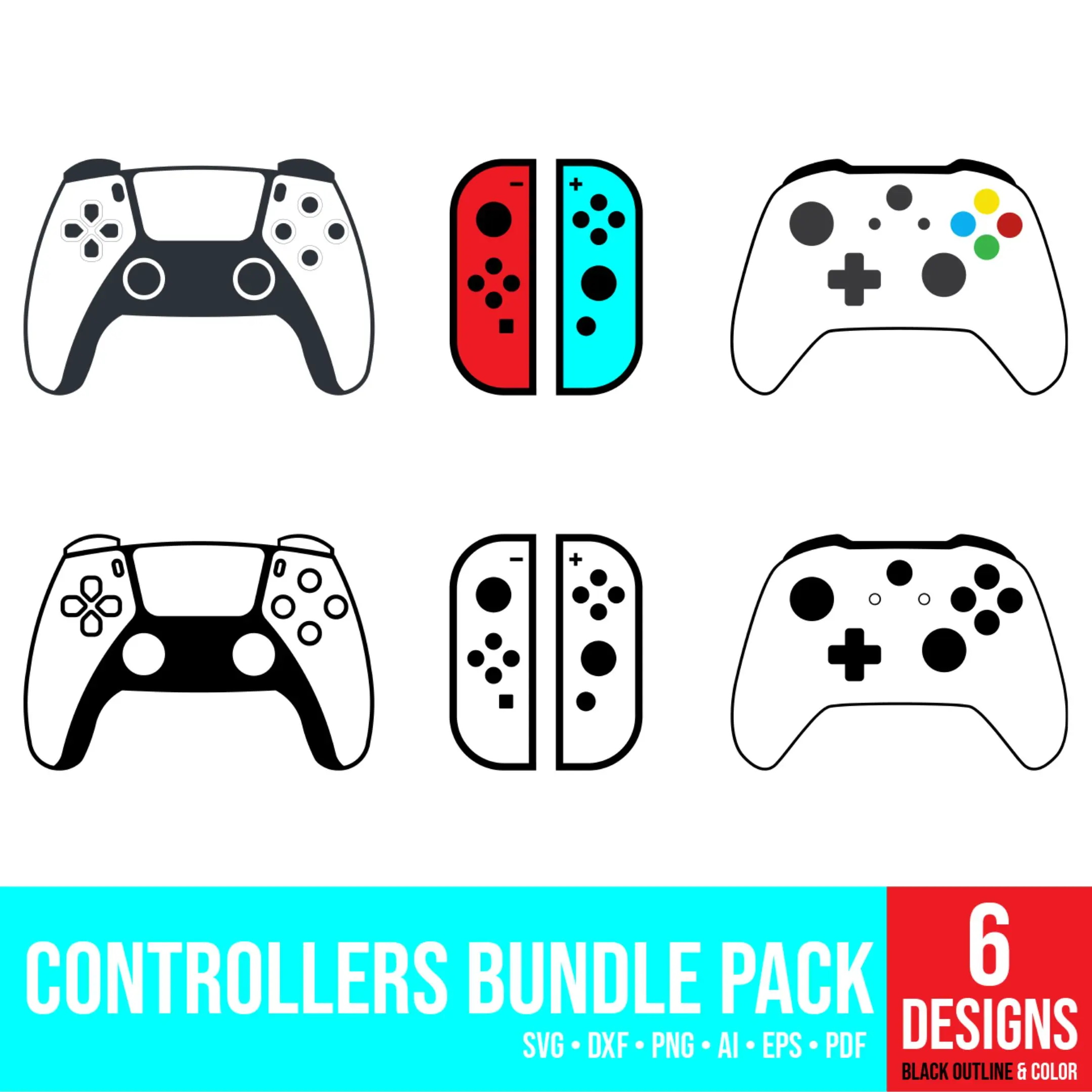 Six custom console controller vector designs, including Xbox, Nintendo Switch, and PlayStation in color and black outline.