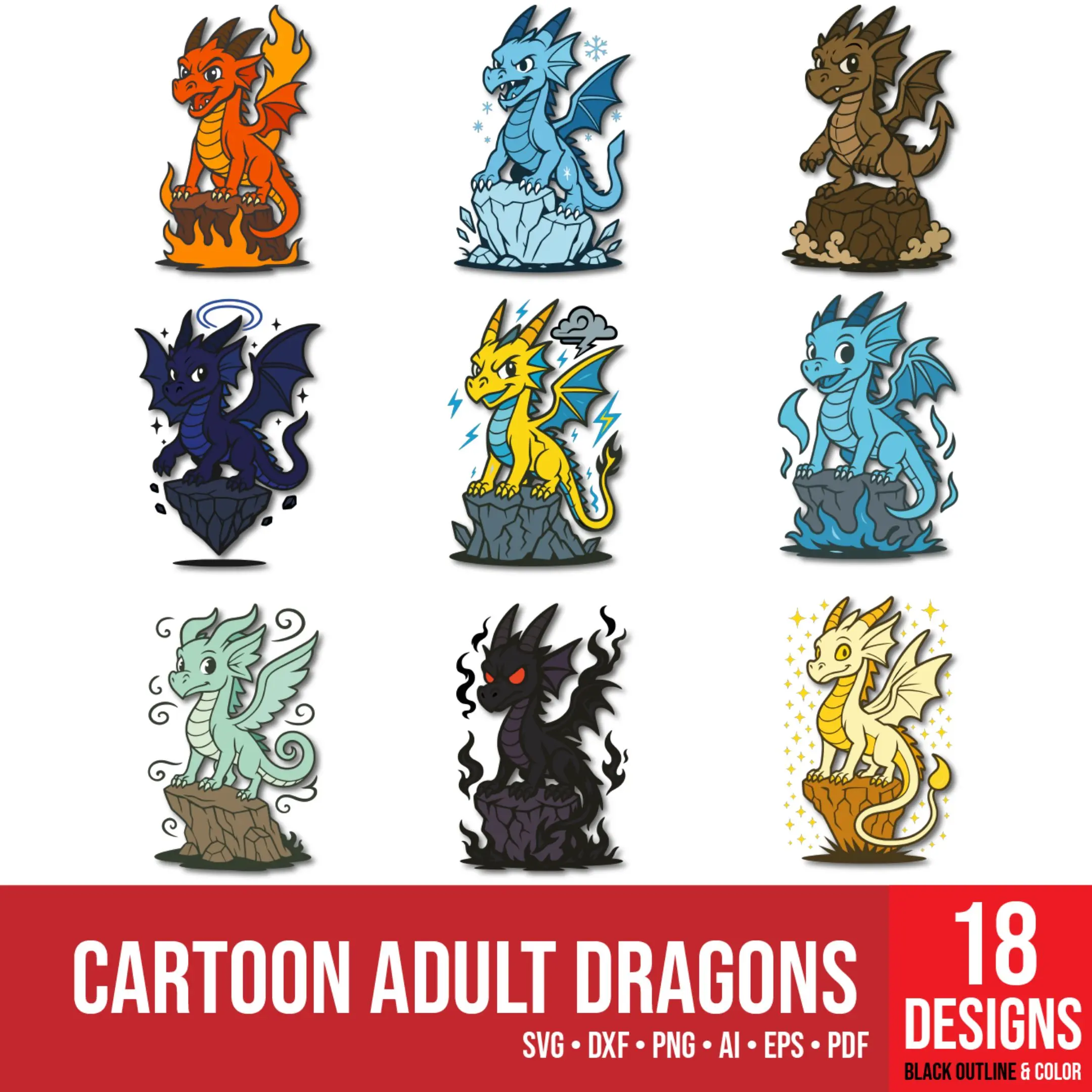 18 colorful cartoon-style dragons with matching black outline versions, fantasy vector set