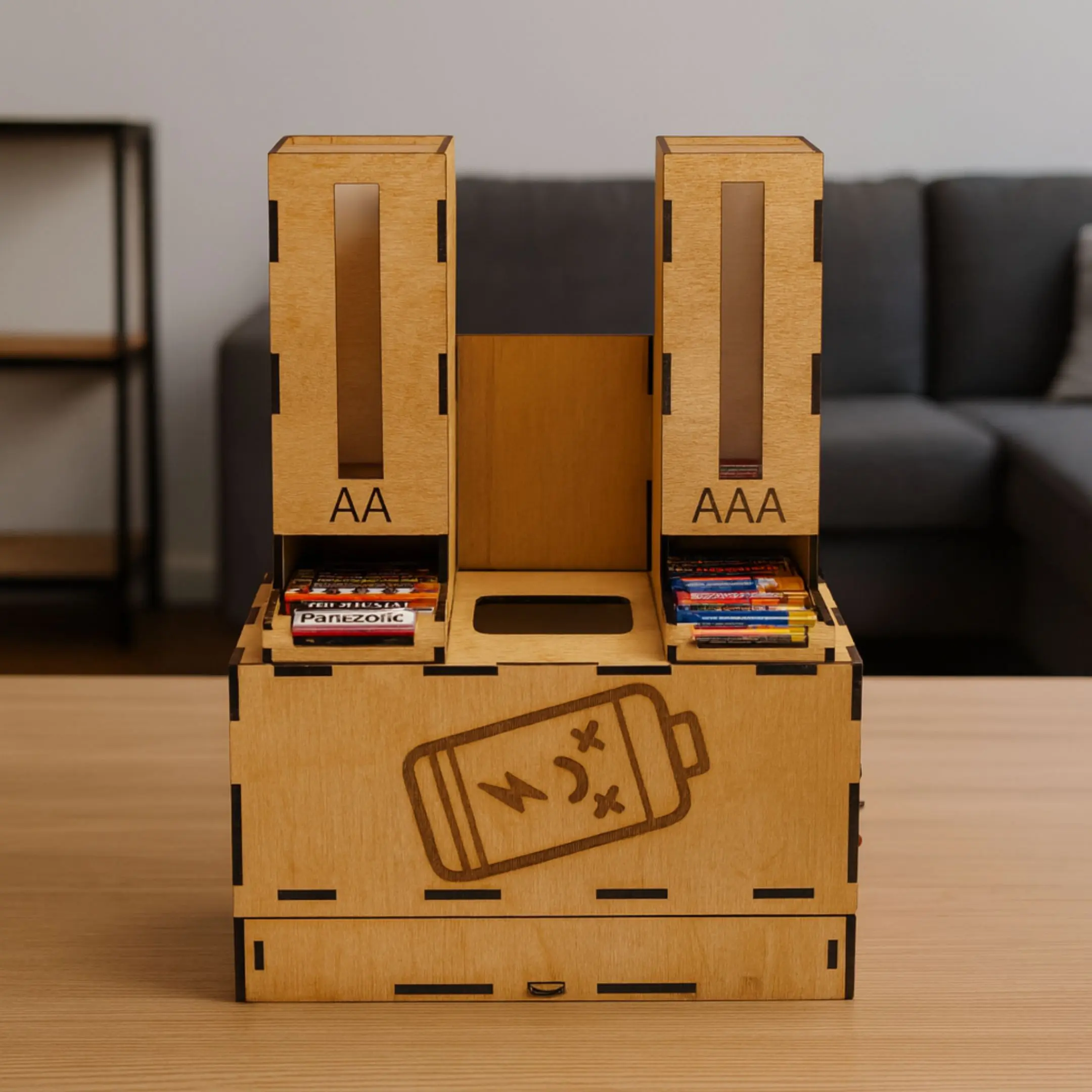 Laser cut battery storage box for AA, AAA, flat, and used batteries made from wood or MDF