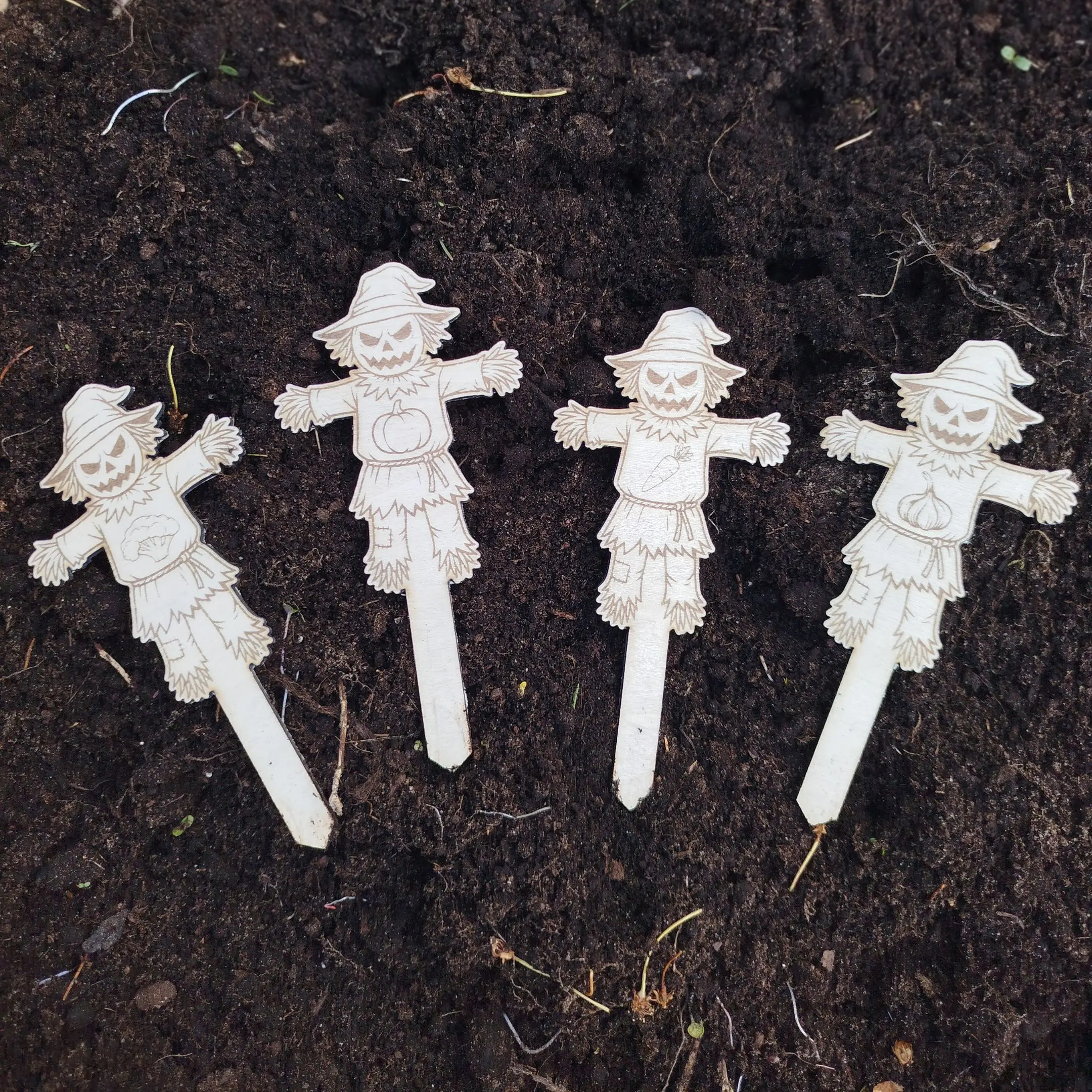 Thumbnail of 50 scarecrow-shaped laser cut plant markers with engraved vegetable symbols