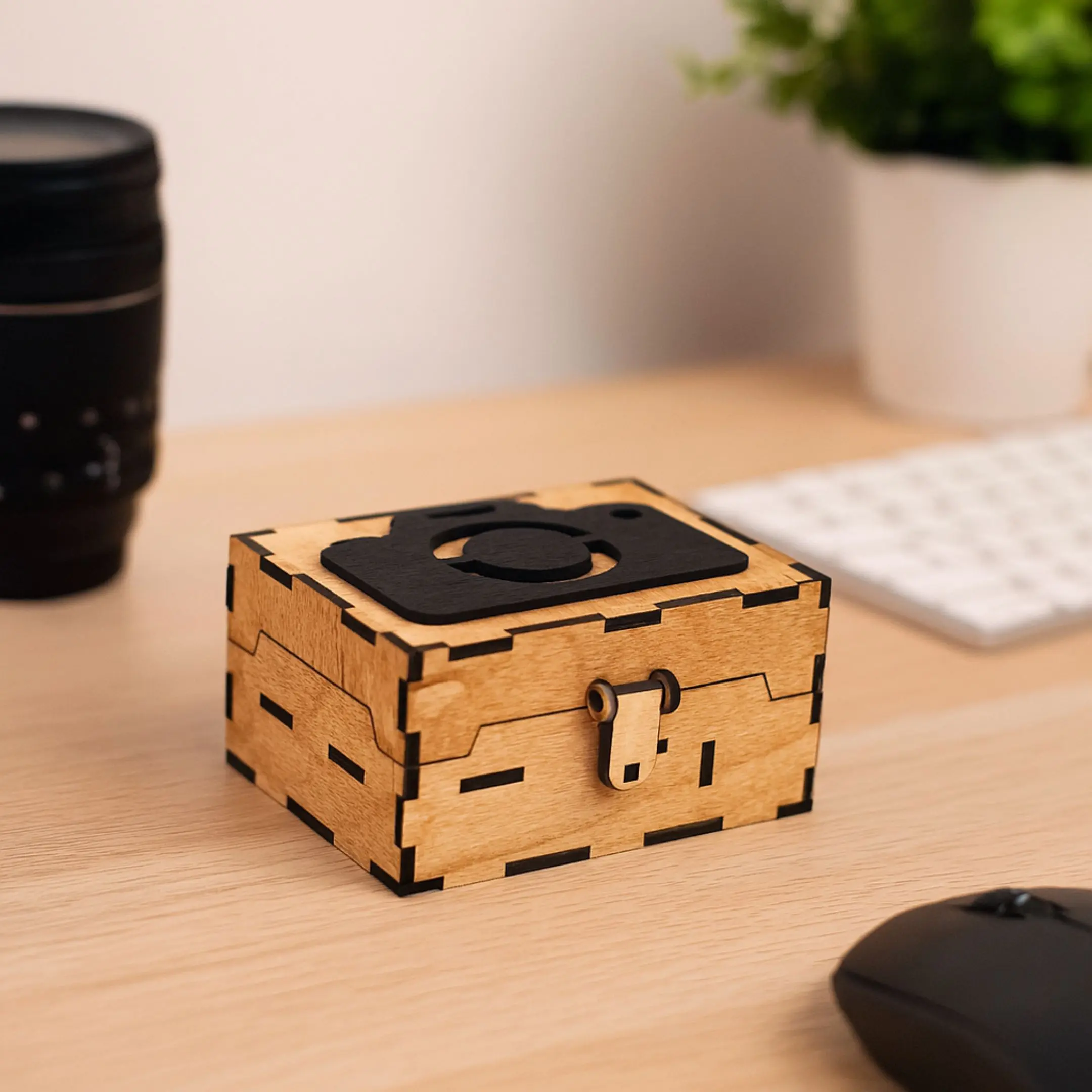 Open wooden SD card holder box with empty slots for memory cards and a USB stick