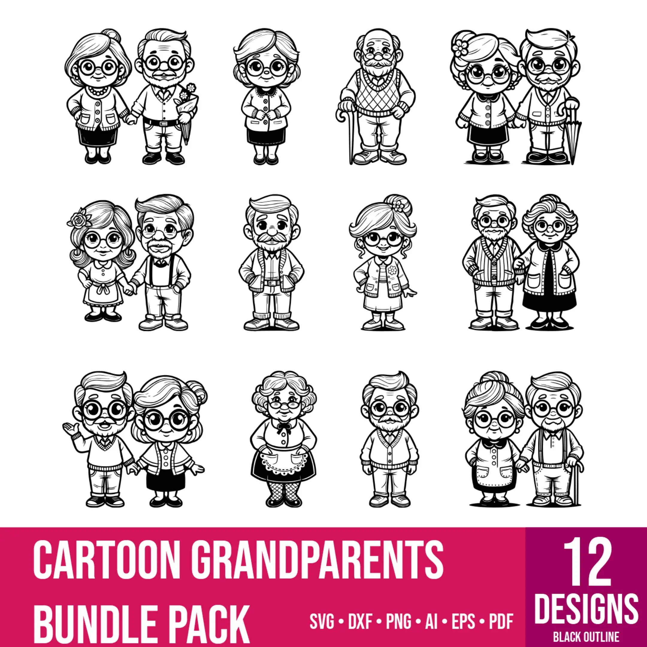 All 12 cartoon grandparents vector designs in one bundle.