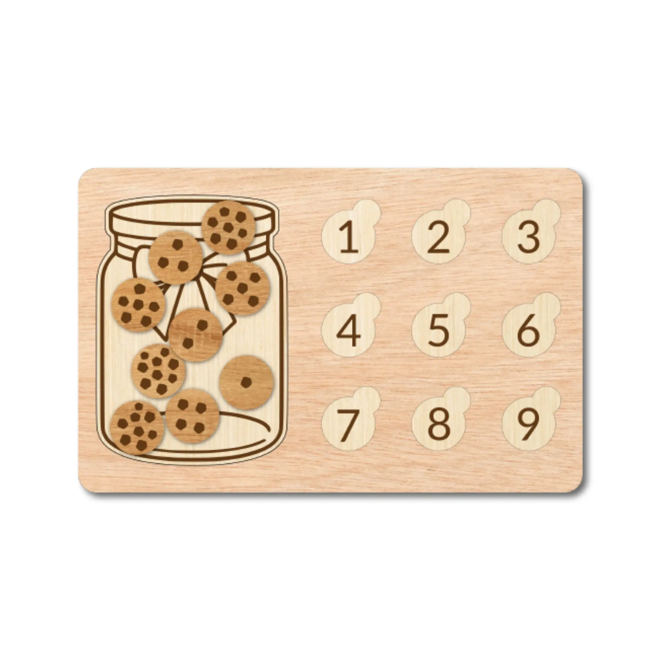 Wooden cookie puzzle with tokens scattered around the number board.