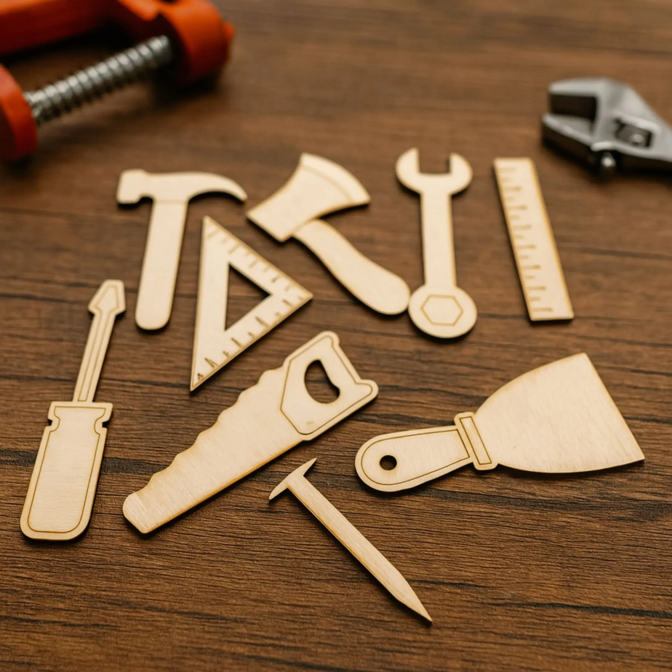 Laser cut wooden tools set displayed on a workshop table with crafting elements, includes saw, screwdriver, axe, ruler, and more.