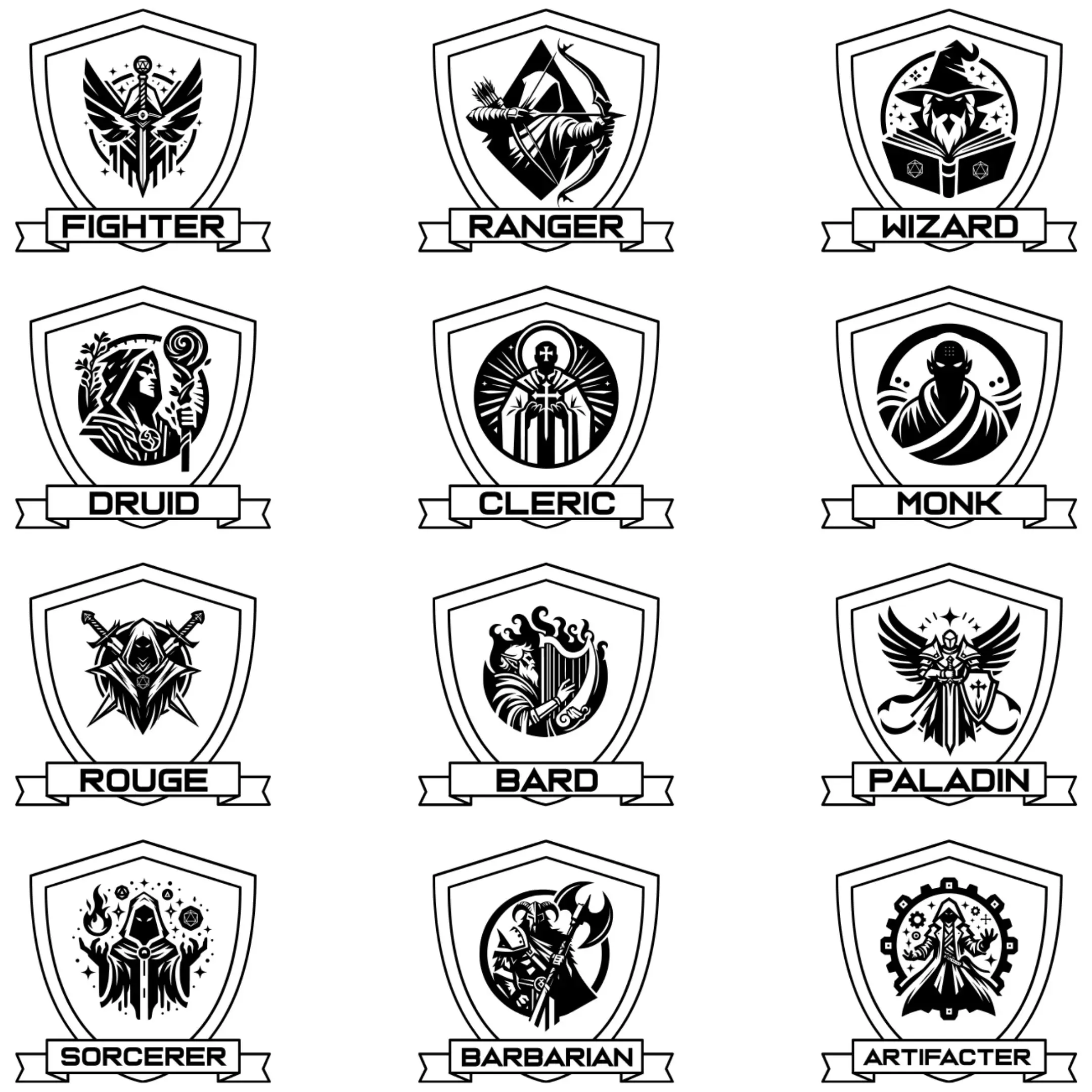 Full set of black outline vector portraits – 12 DnD character classes