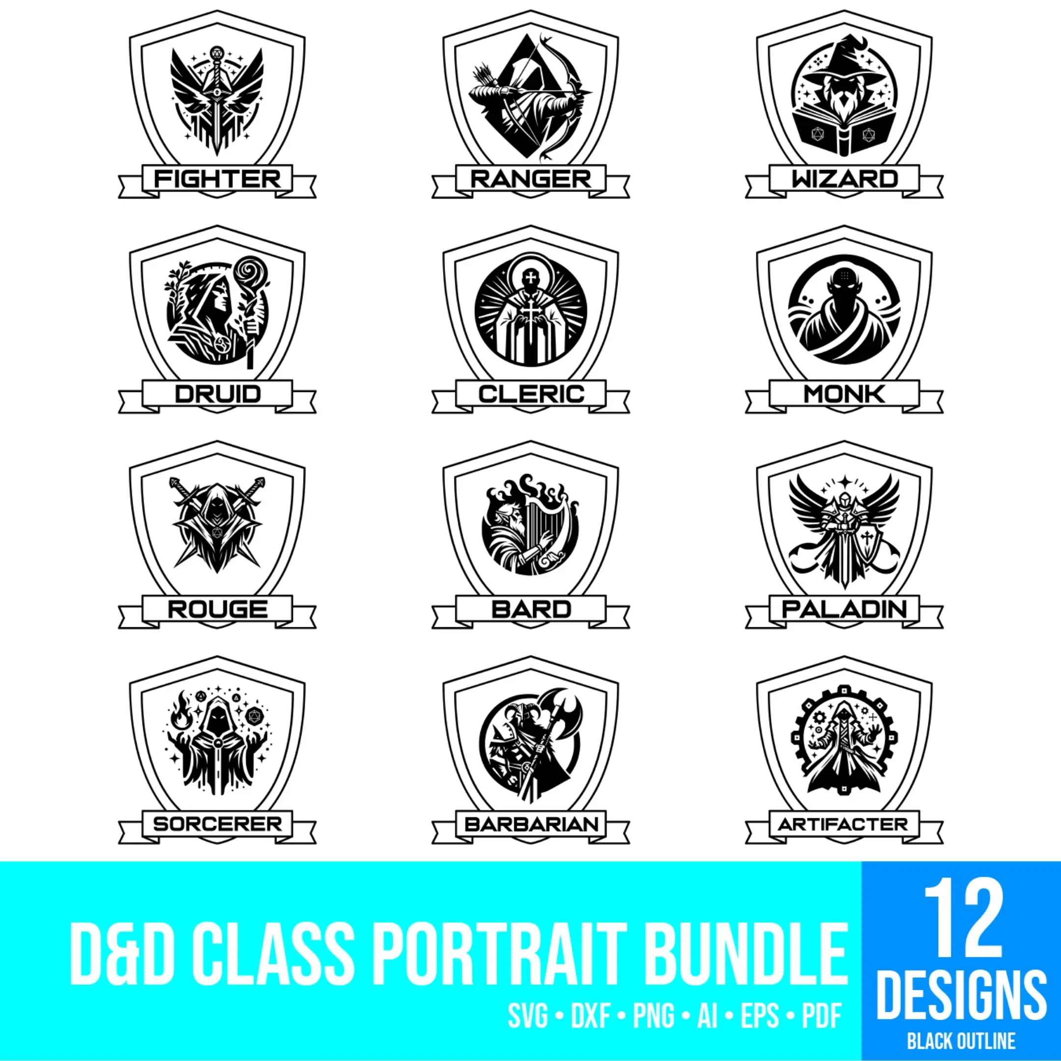 Black outline portraits of 12 D&D character classes – vector style