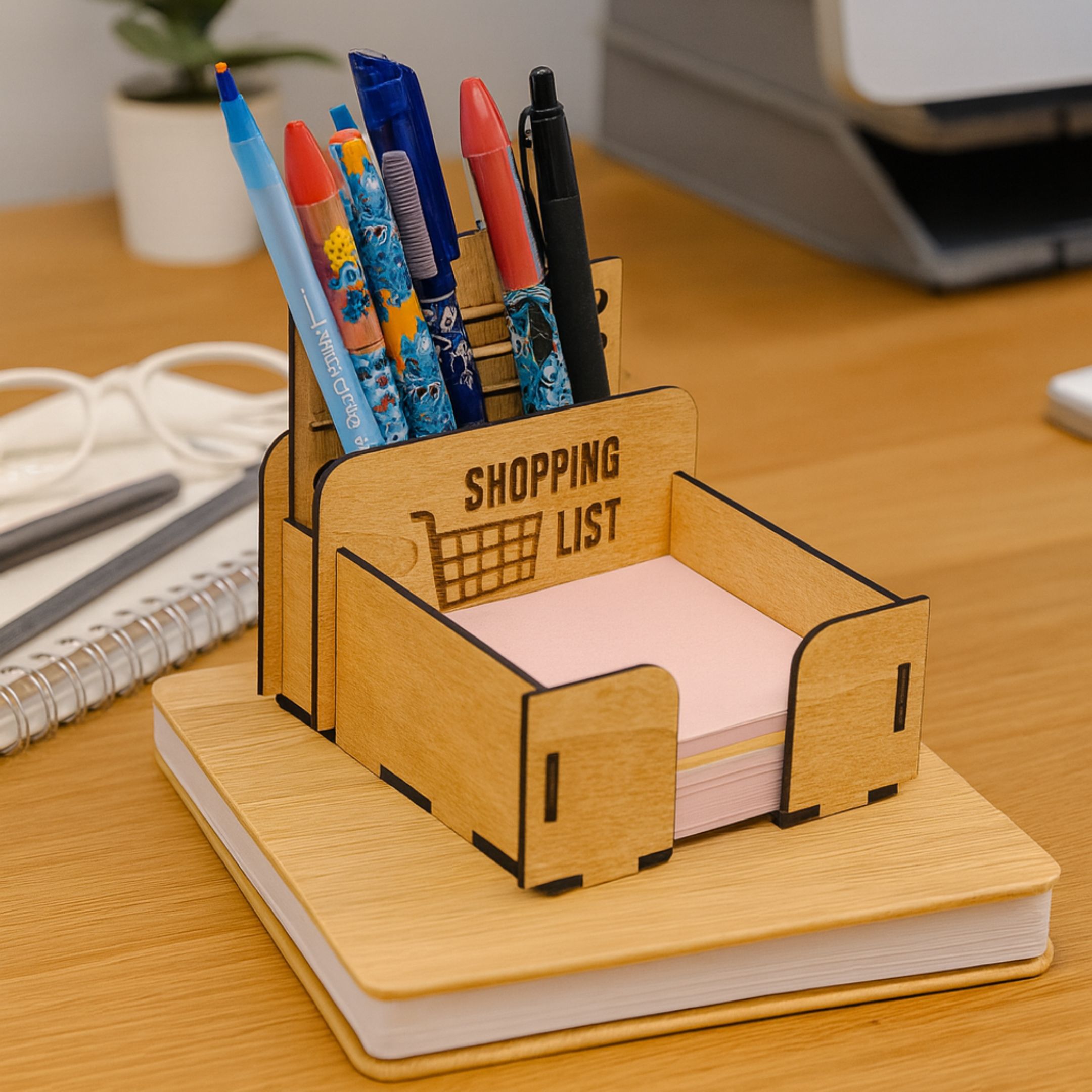 Wooden laser cut notepad box with pens and sticky notes on a desk – laser cut notepad organizer