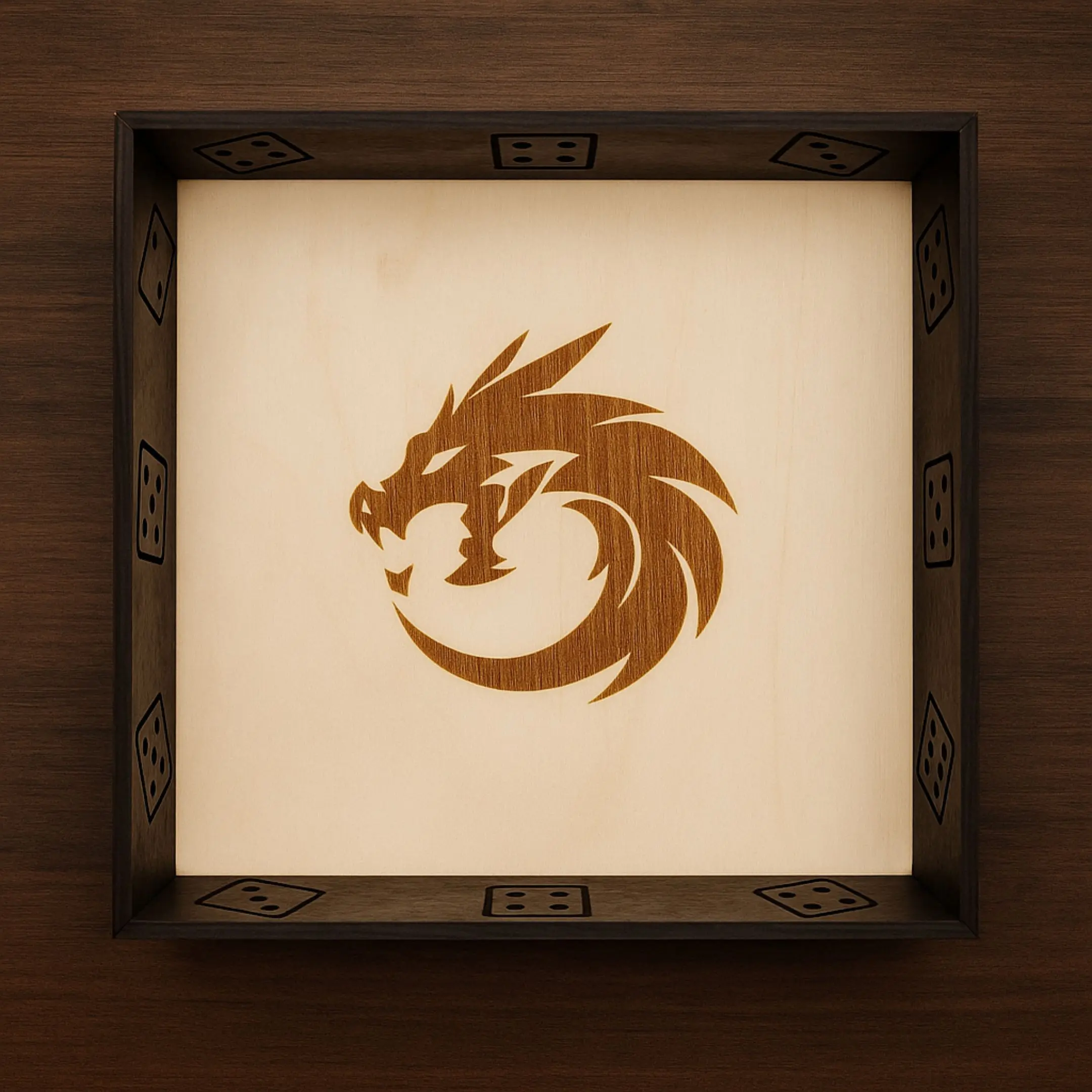 Top-down view of a wooden D&D dice tray with engraved dragon design
