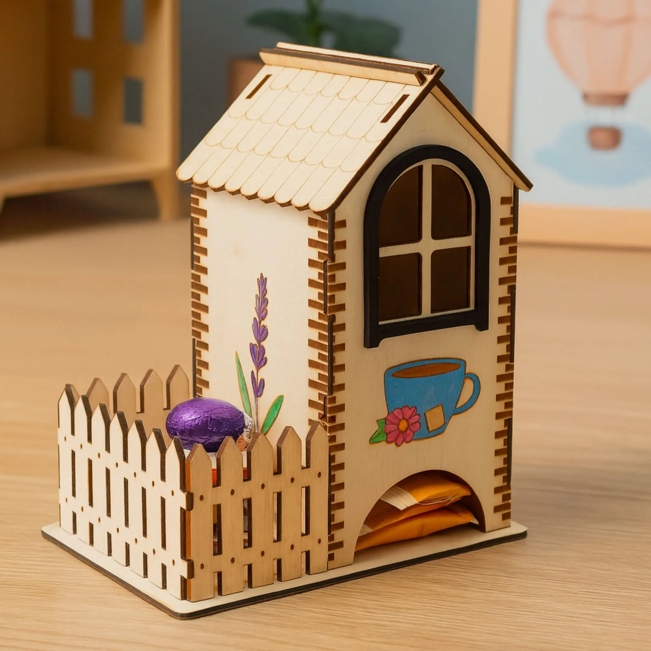 Laser cut tea house with lavender flowers and decorative fence