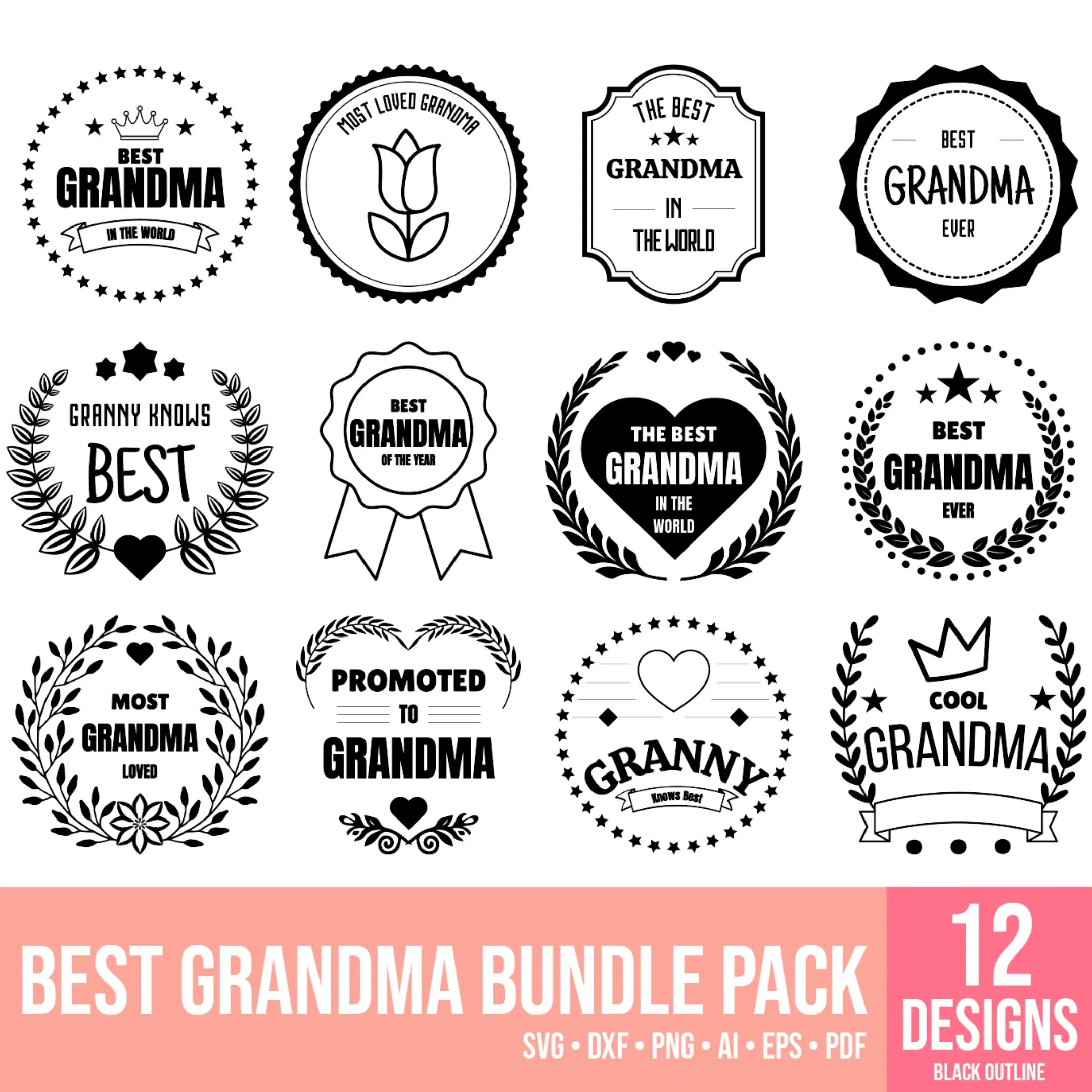 A preview of all 12 vector designs from the Best Grandma Vector Bundle arranged together on a white background.