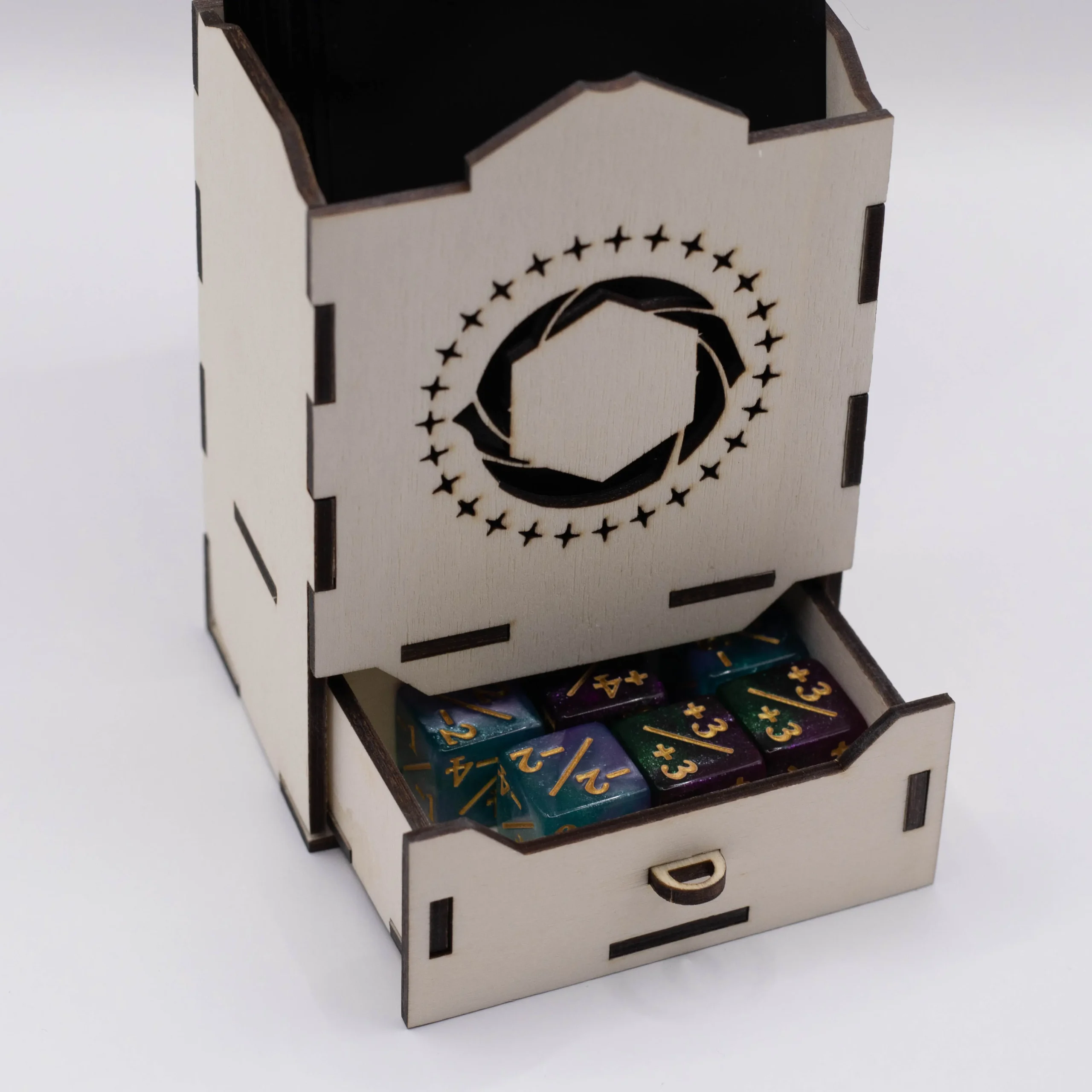 Close-up of the Lorcana deck box dice drawer.