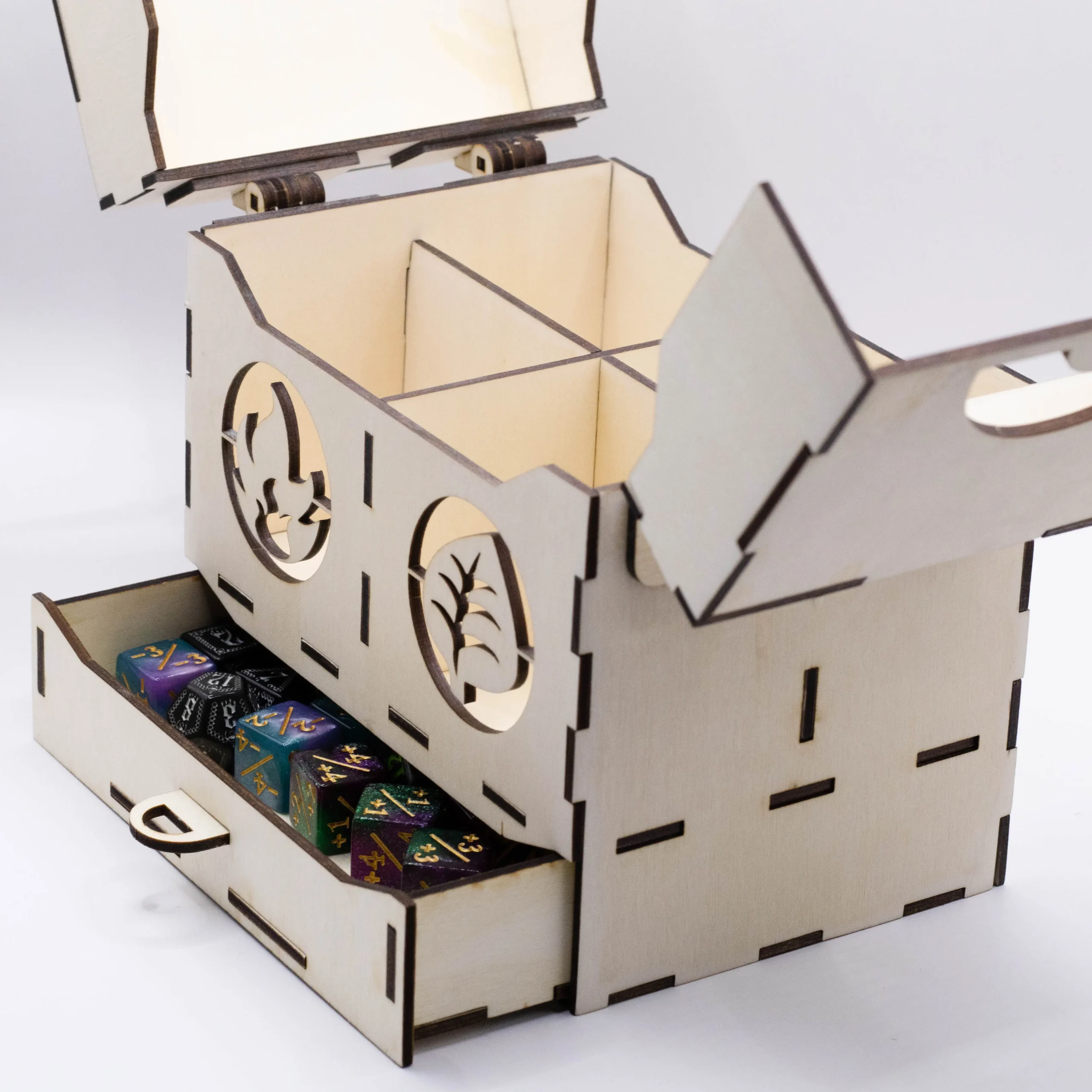Empty laser cut deck box with open lids and pulled-out drawer