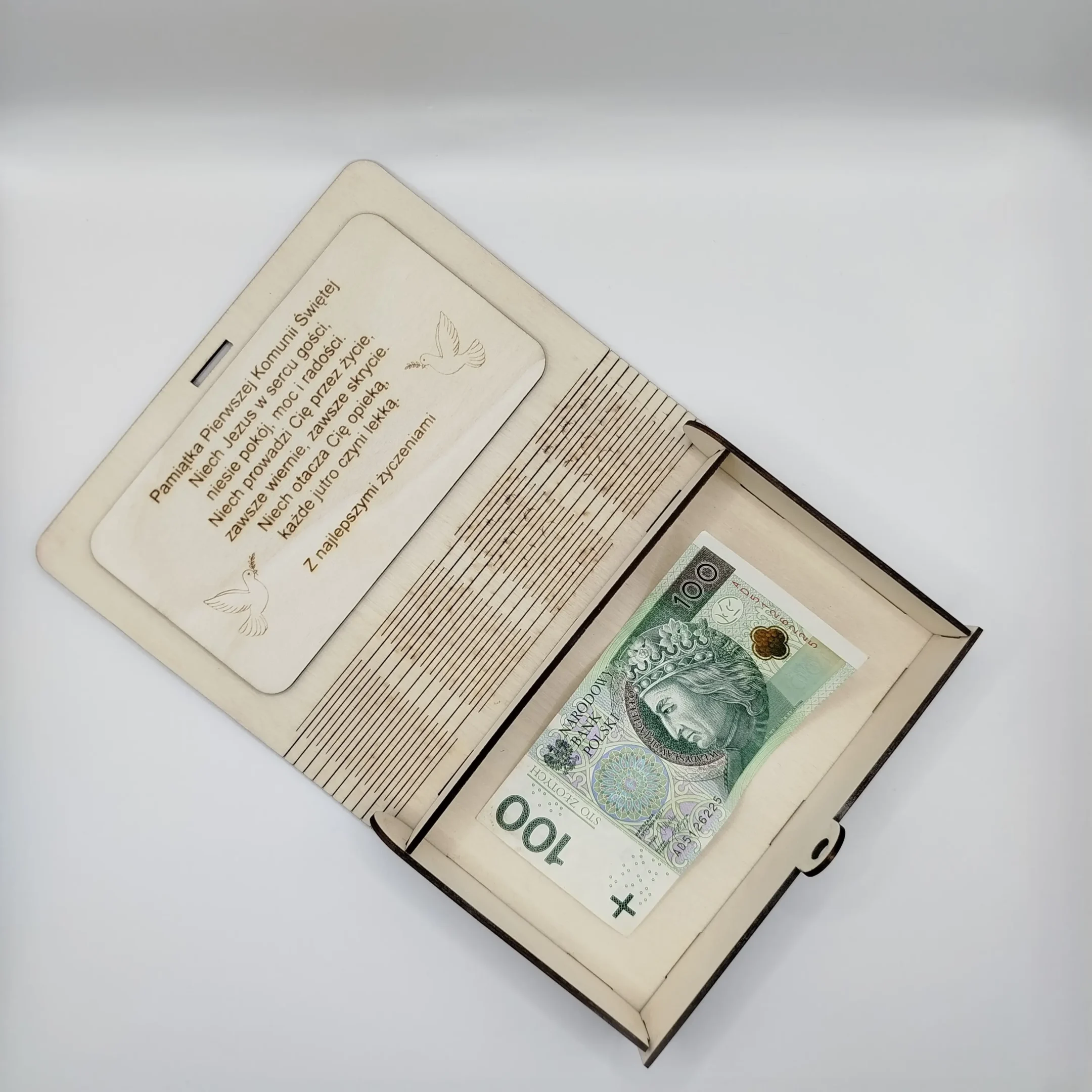 Open Laser Cut Holy Communion Cash Box with cash inside
