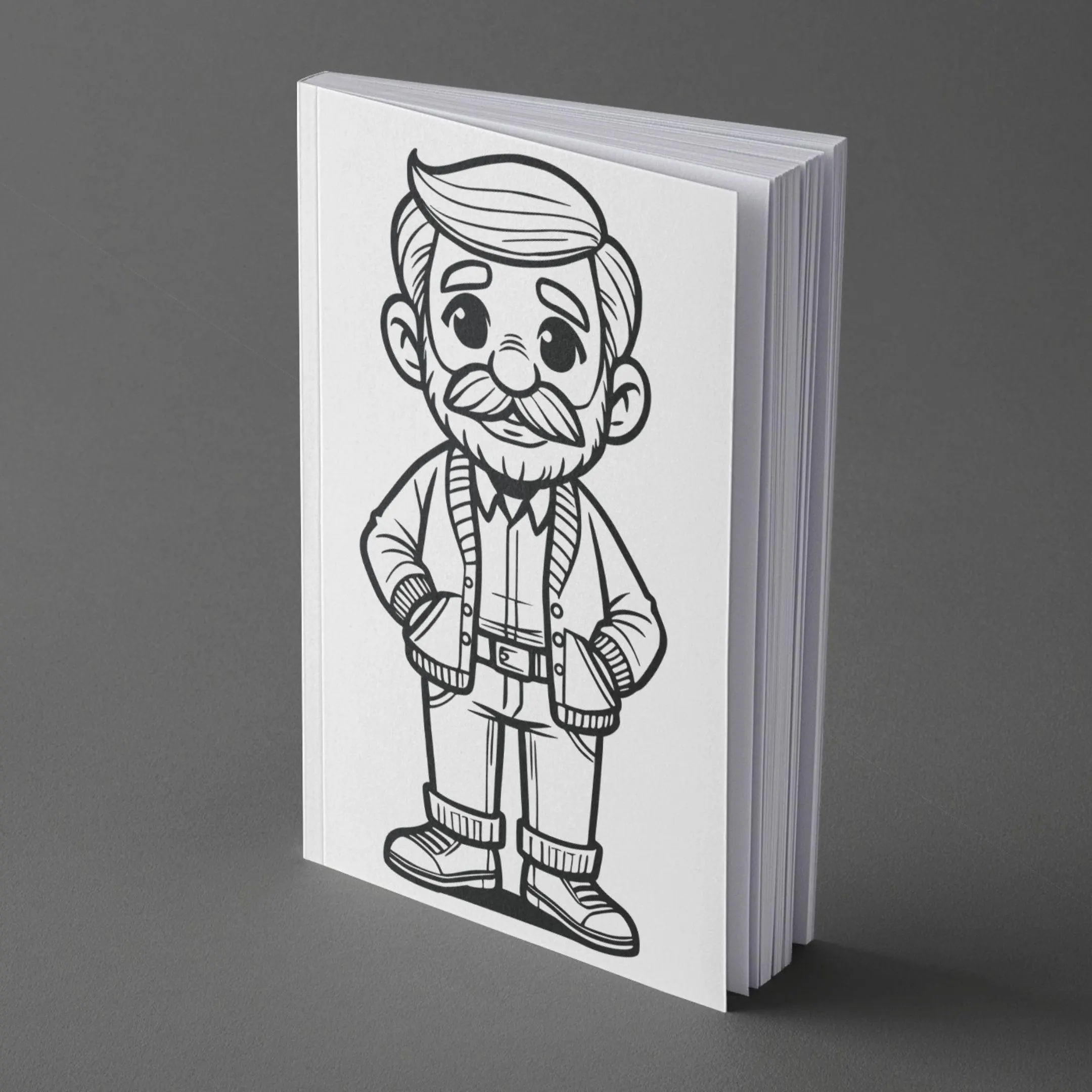 Cartoon grandpa with cane on a book mockup.