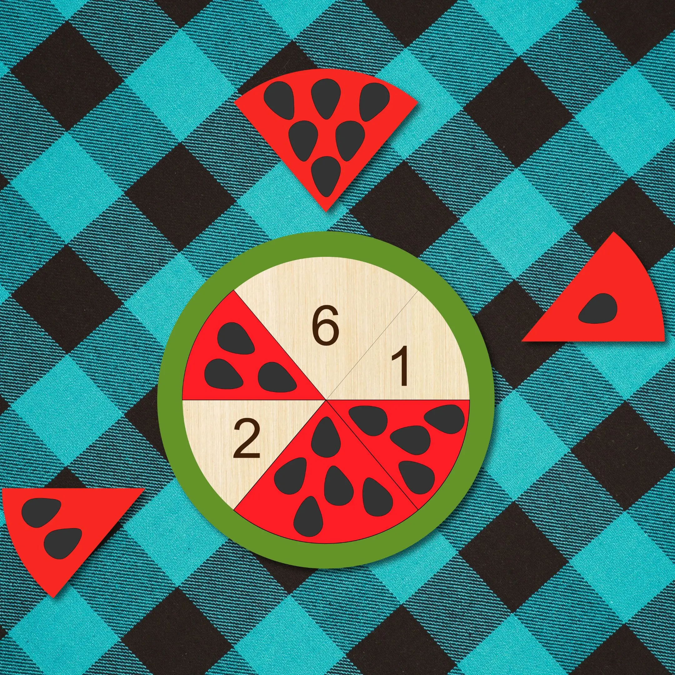 Laser cut wooden watermelon puzzle thumbnail with colorful numbered slices, designed for children.