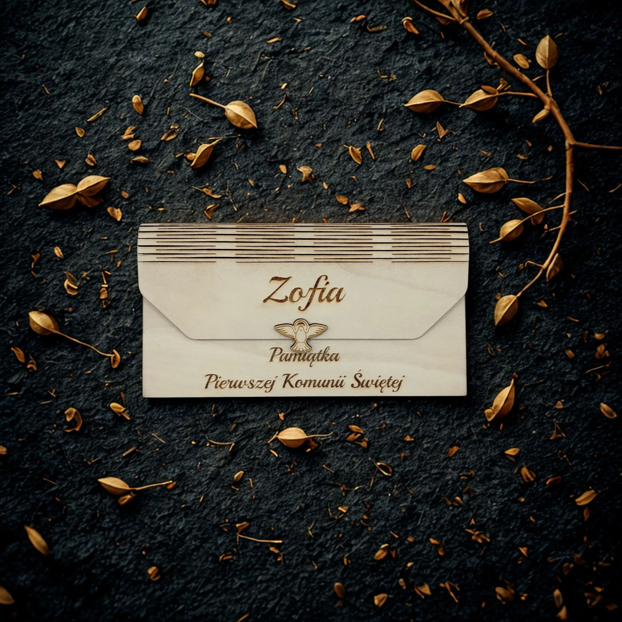 Elegant laser cut Holy Communion envelope for money gifts, shown closed with decorative details.