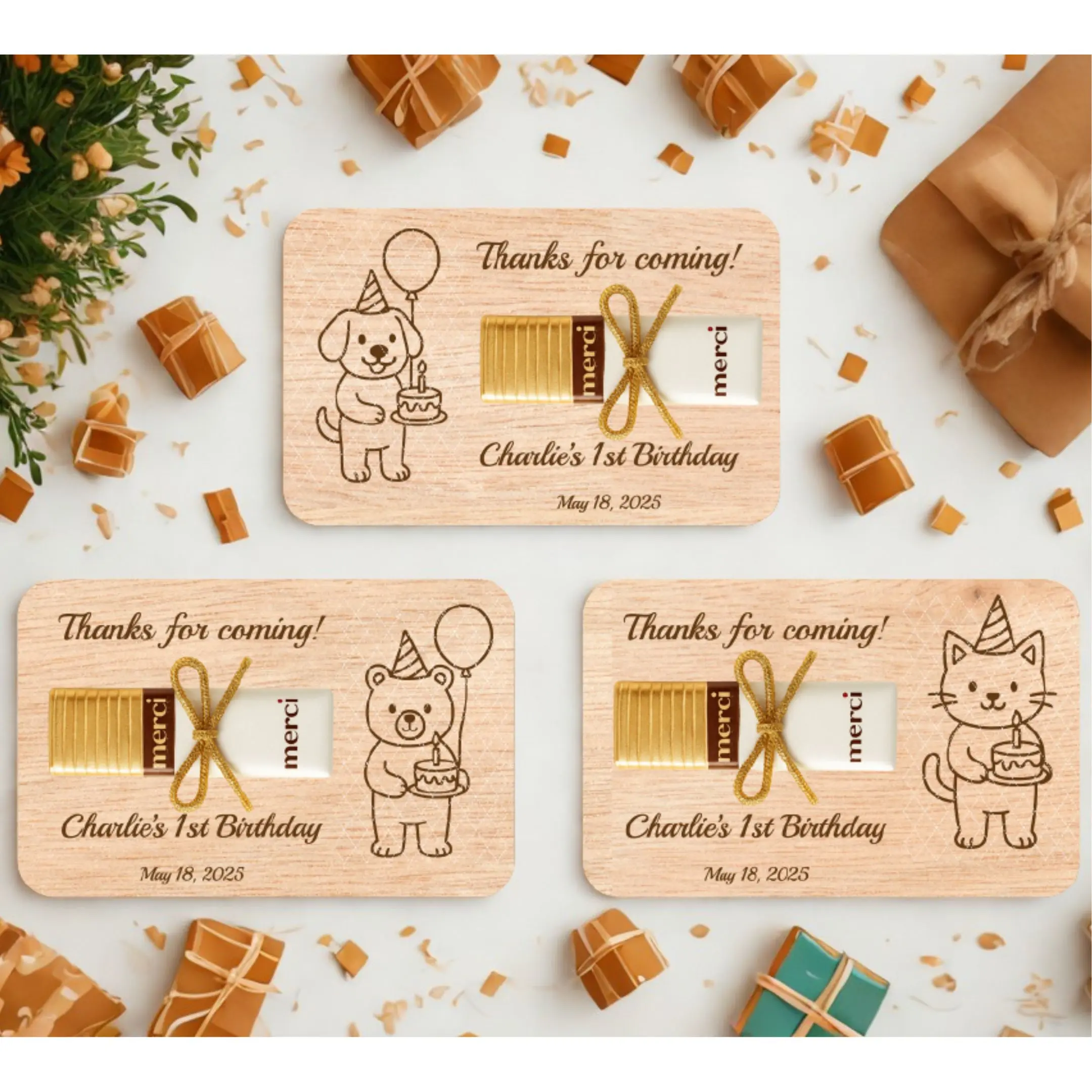 Laser cut animal-themed party favors – bear, cat, and dog designs, perfect for Merci chocolates