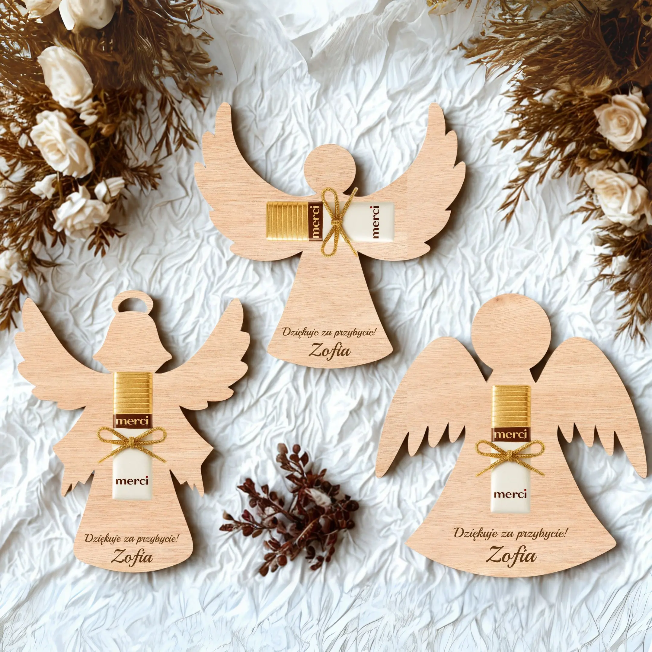 Three laser cut First Holy Communion angel favor boxes with Merci chocolate
